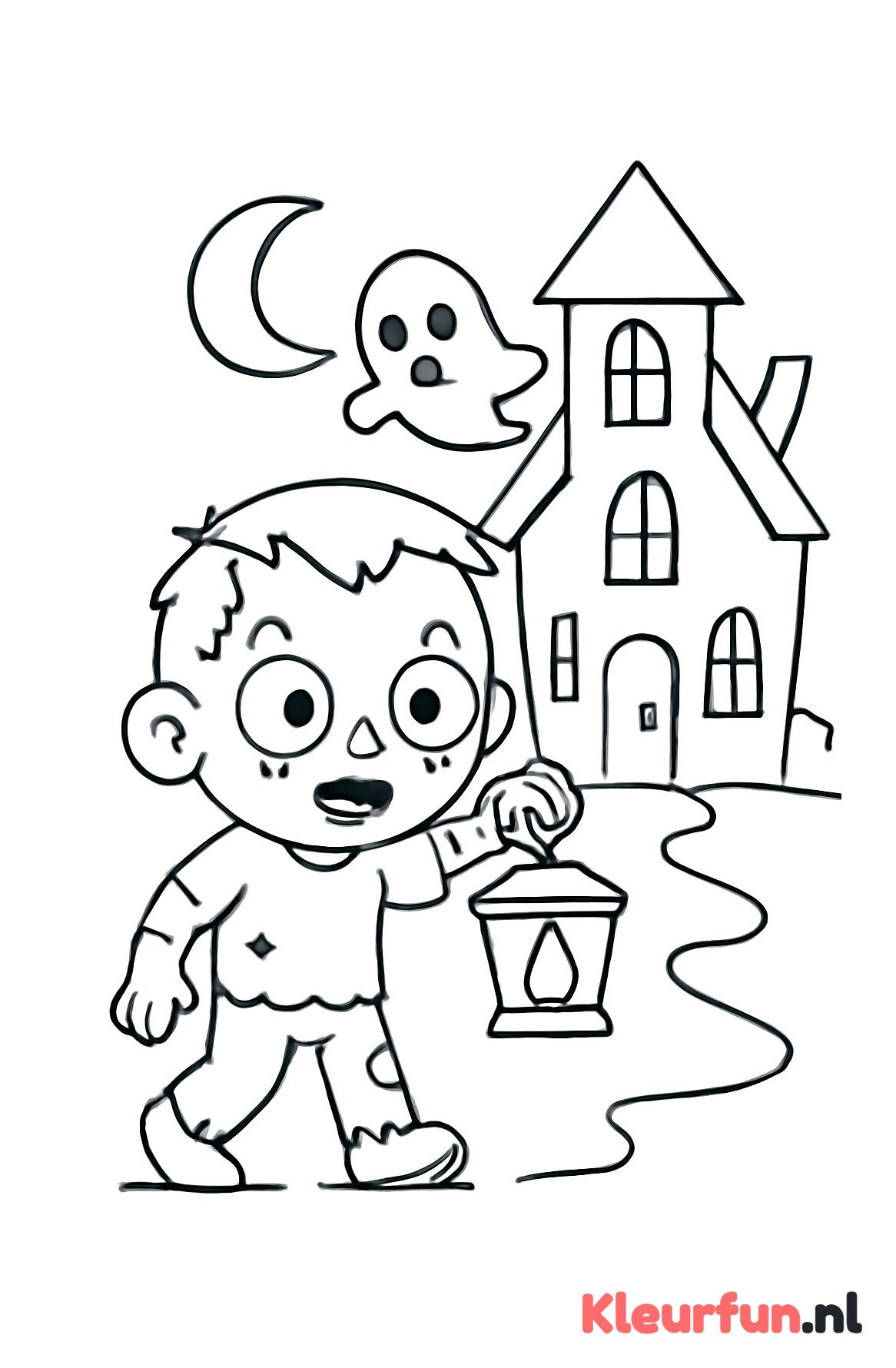 Kleine zombie met lantaarn bij spookhuis