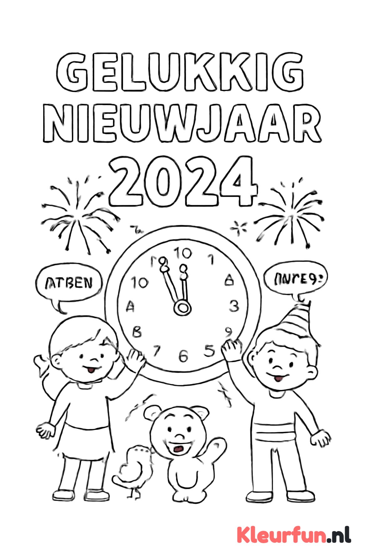 Klok en Vuurwerk Gelukkig Nieuwjaar 2024