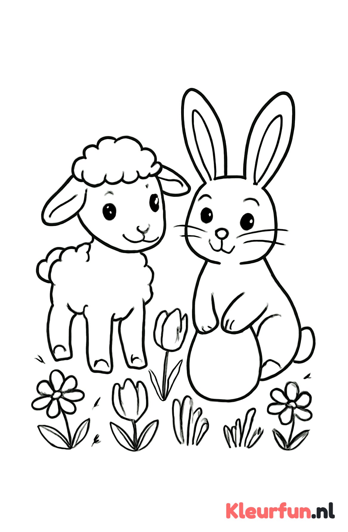 Lammetje en paashaas bij lentebloemen