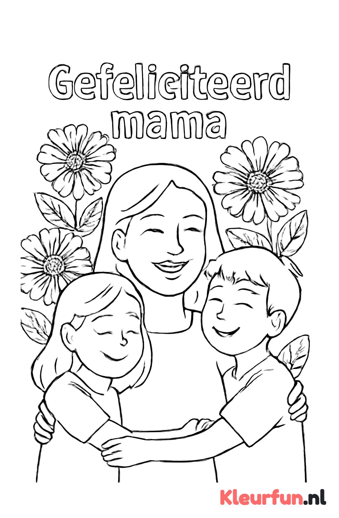 Mama met bloemen en omhelzing