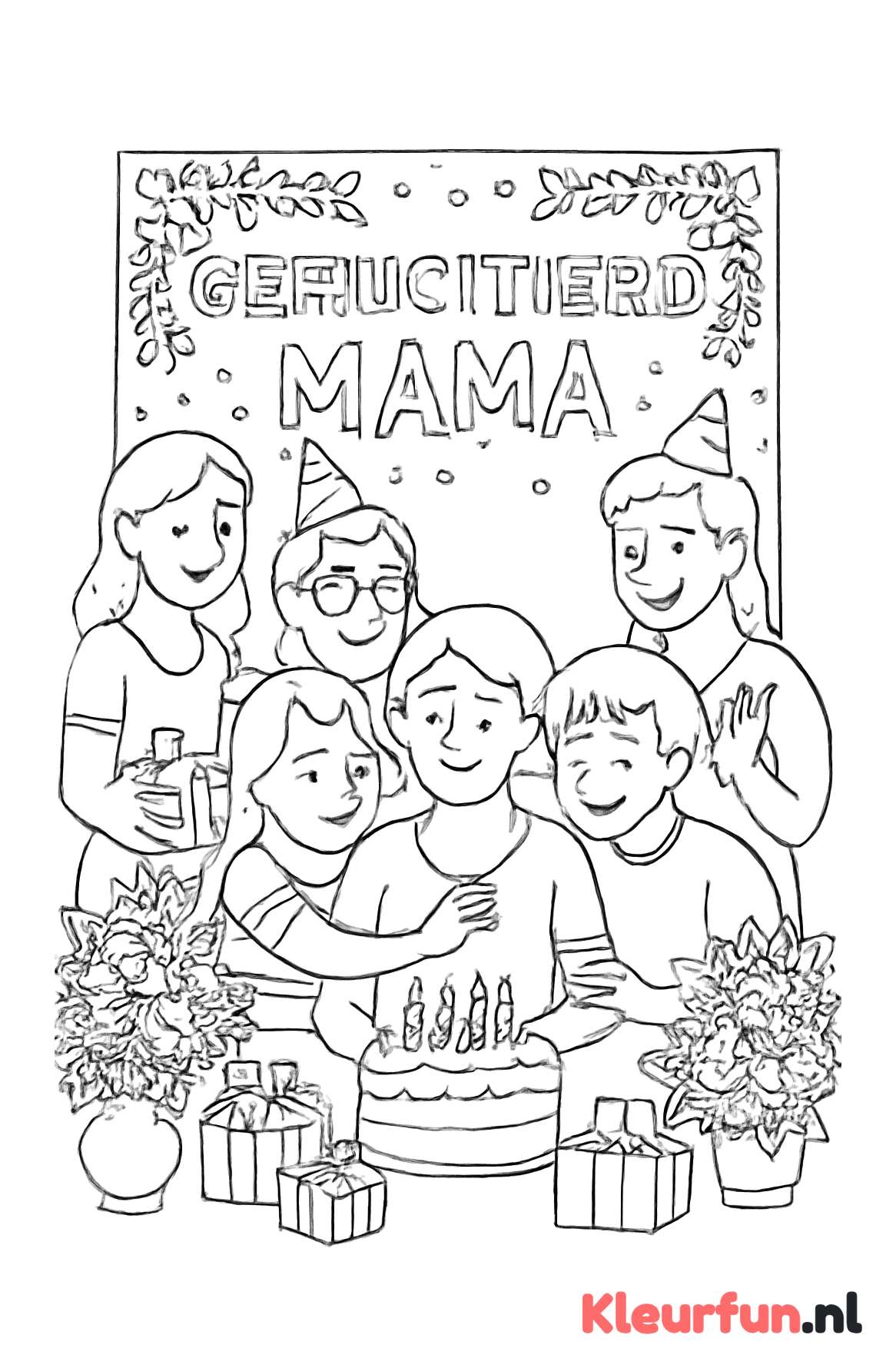 Mama's verjaardag met familie en felicitatiebord