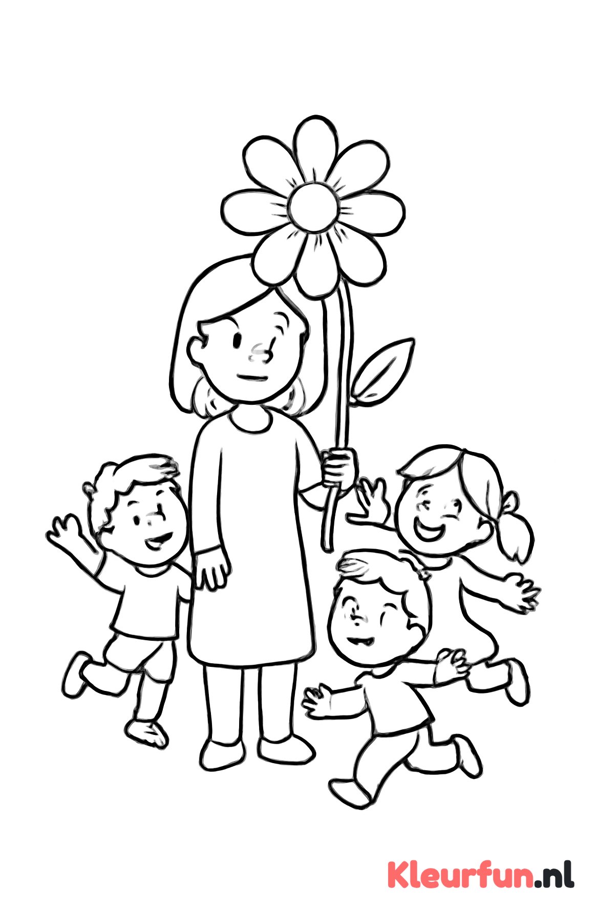 Mama met verjaardagsbloem en kinderen