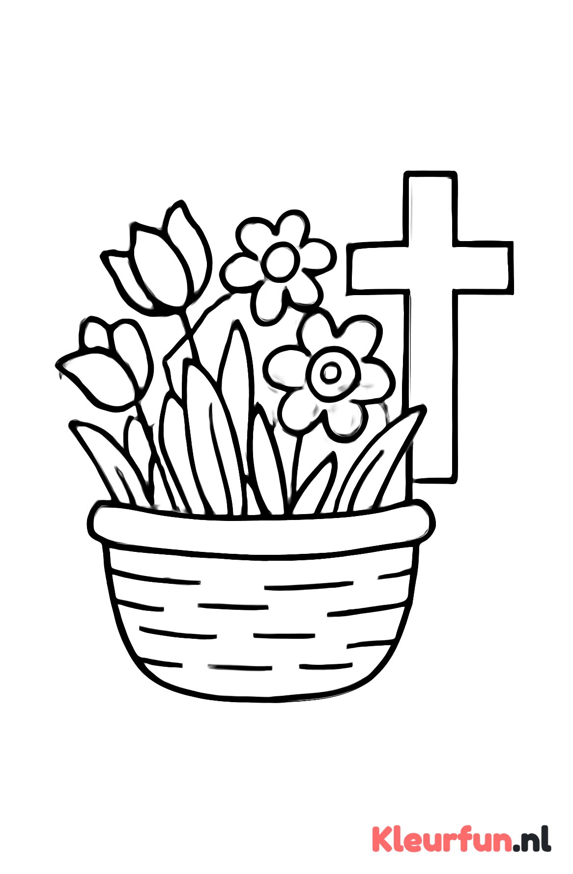 Mand met paasbloemen en kruis