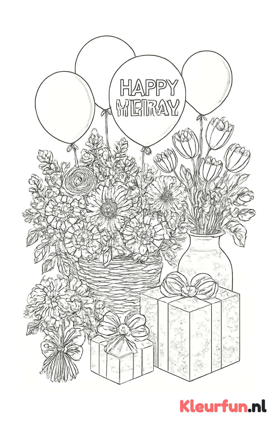 Bloemenmanden met ballonnen en cadeaus