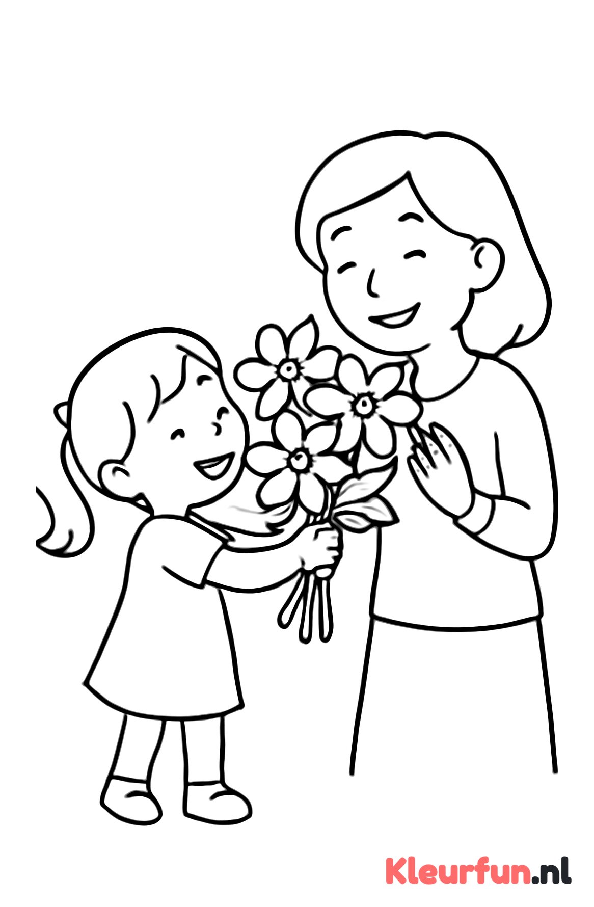 Meisje geeft bloemen aan mama