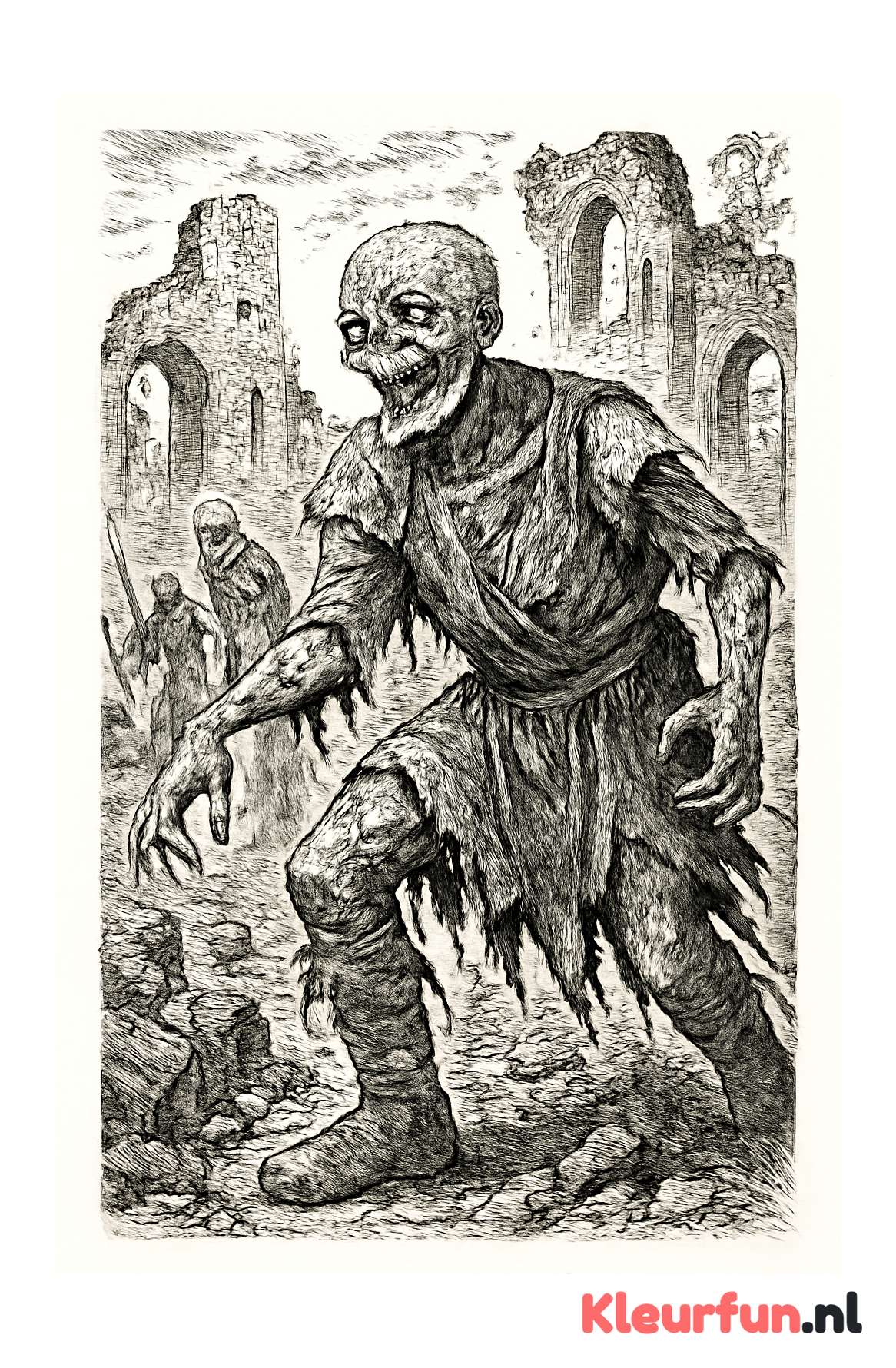Middeleeuwse zombie tussen ruïnes