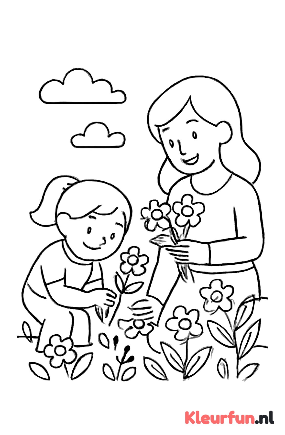 Moeder en kind plukken bloemen