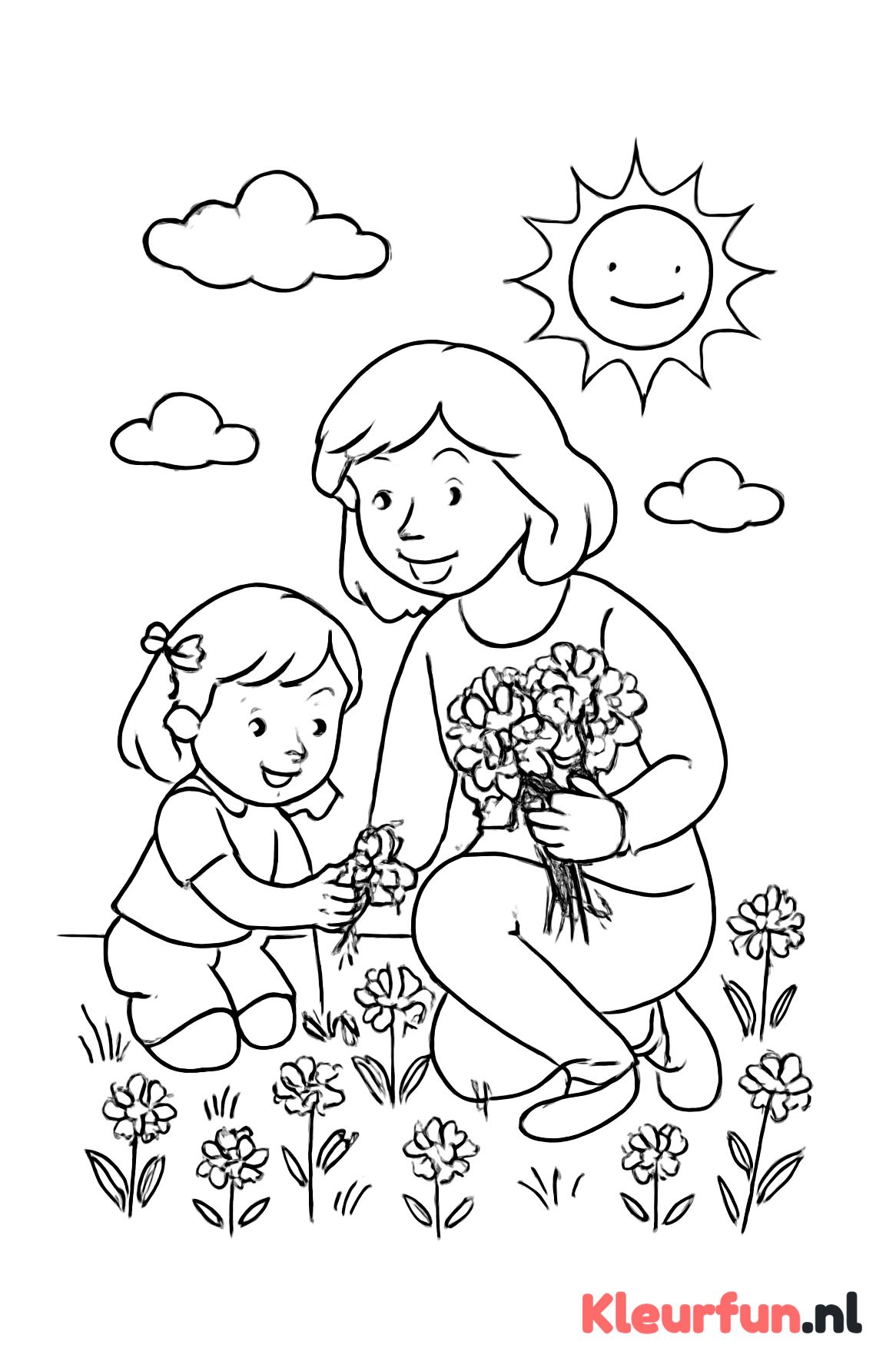 Moeder en kind plukken bloemen