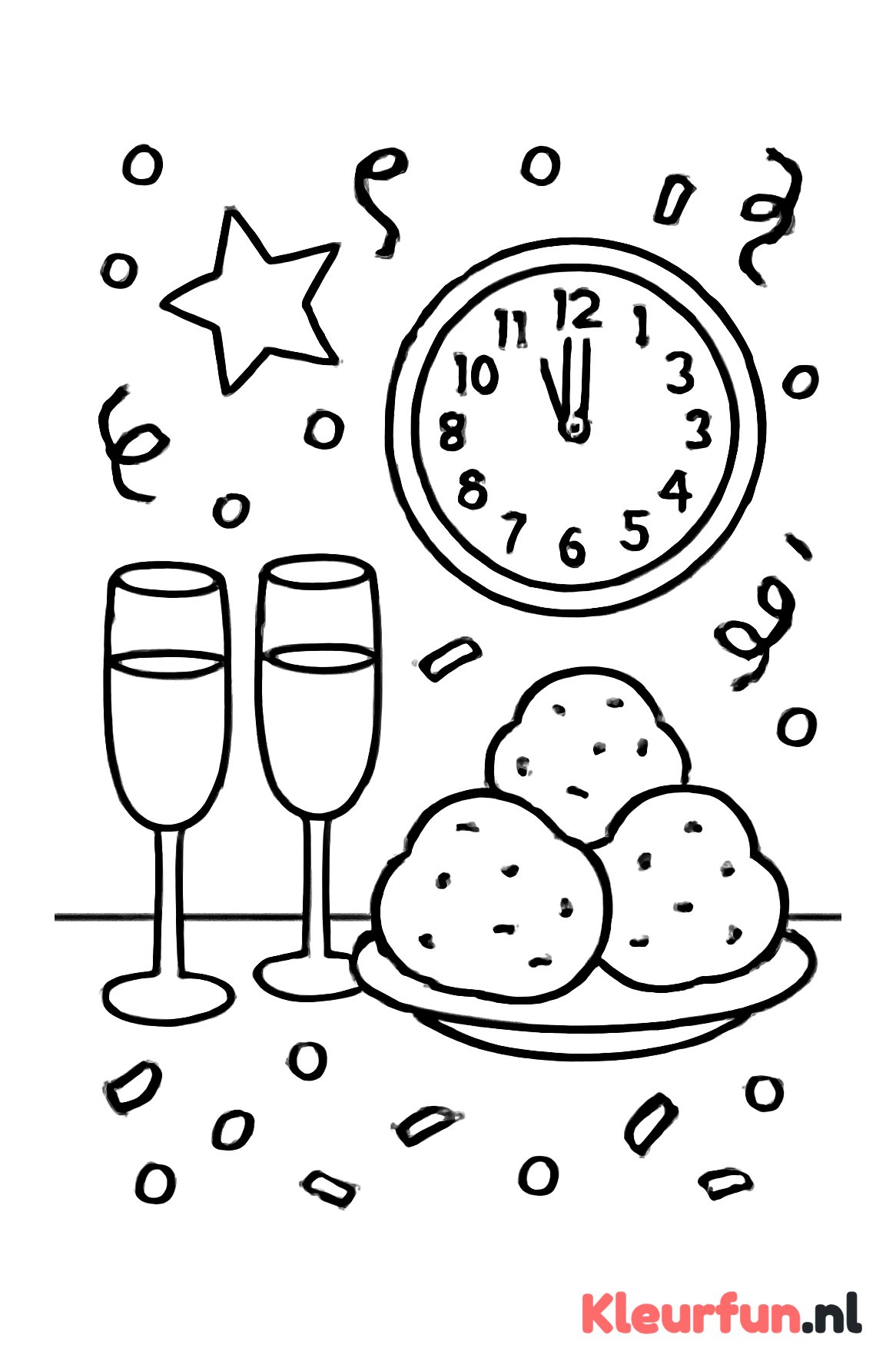 Nieuwjaar feesttafel met klok en oliebollen