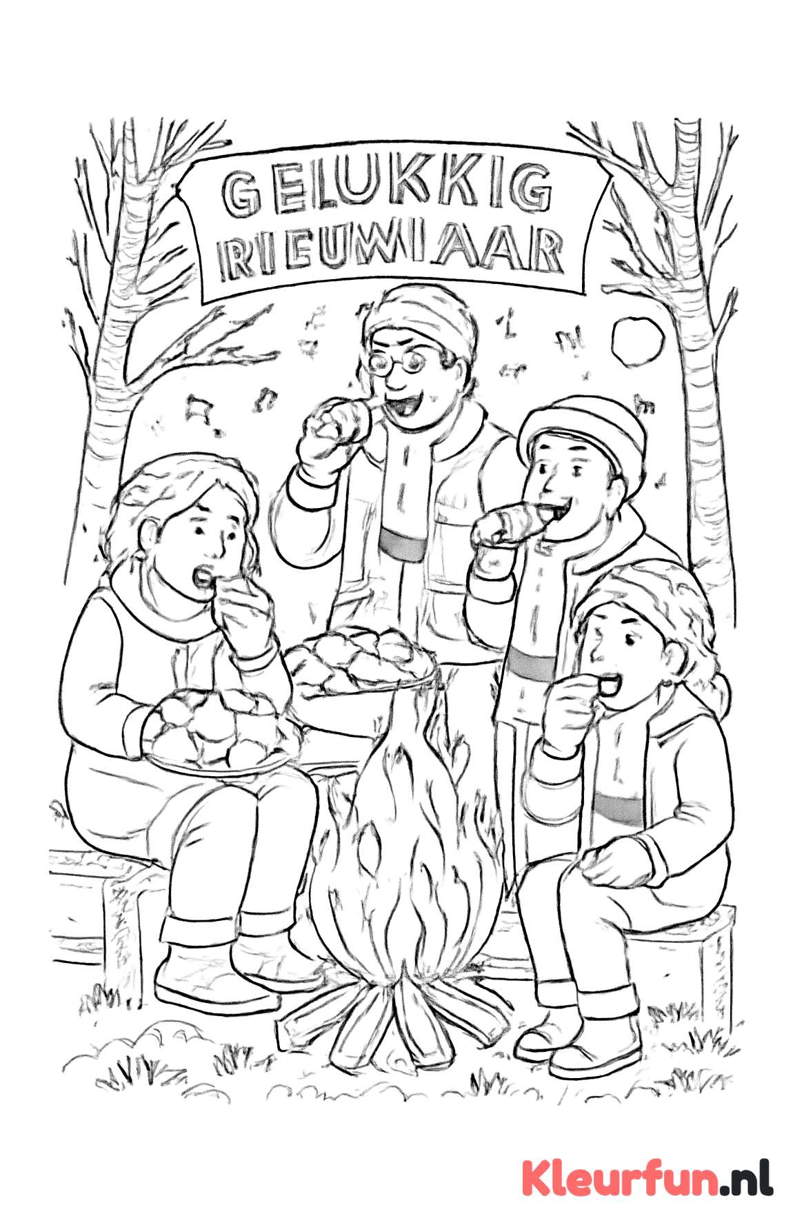 Nieuwjaarsviering met oliebollen bij kampvuur