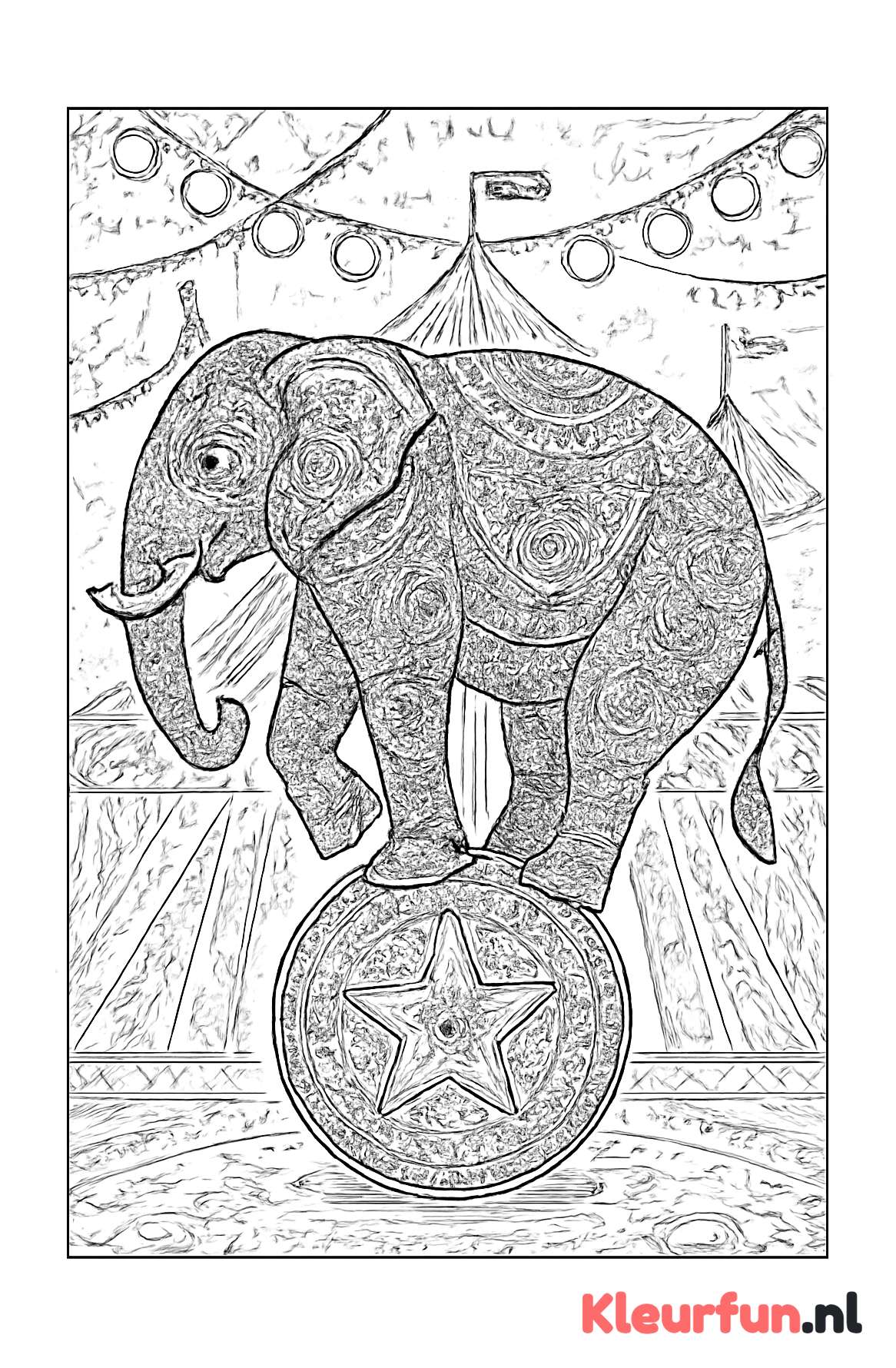 Olifant balancerend op een bal met patronen