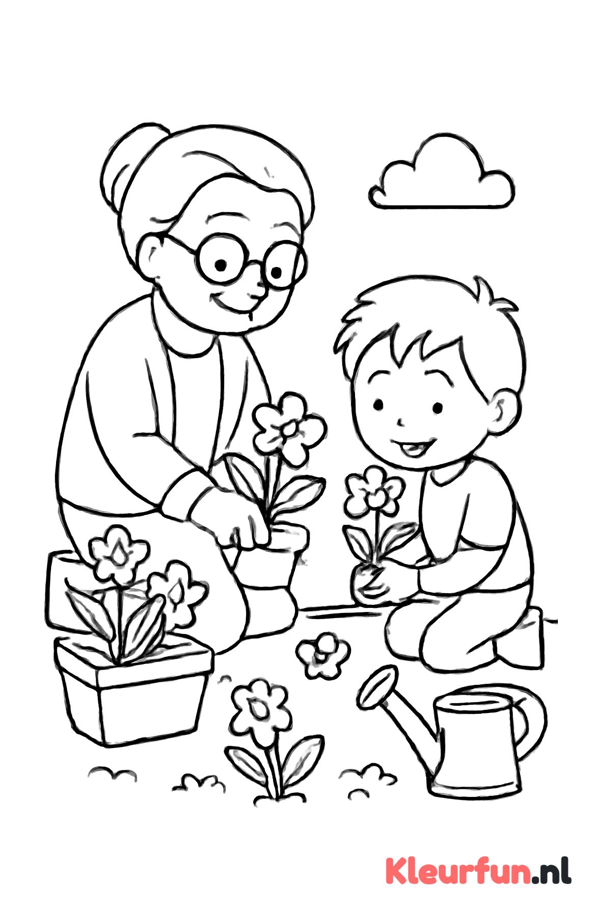 Oma en kleinkind planten bloemen