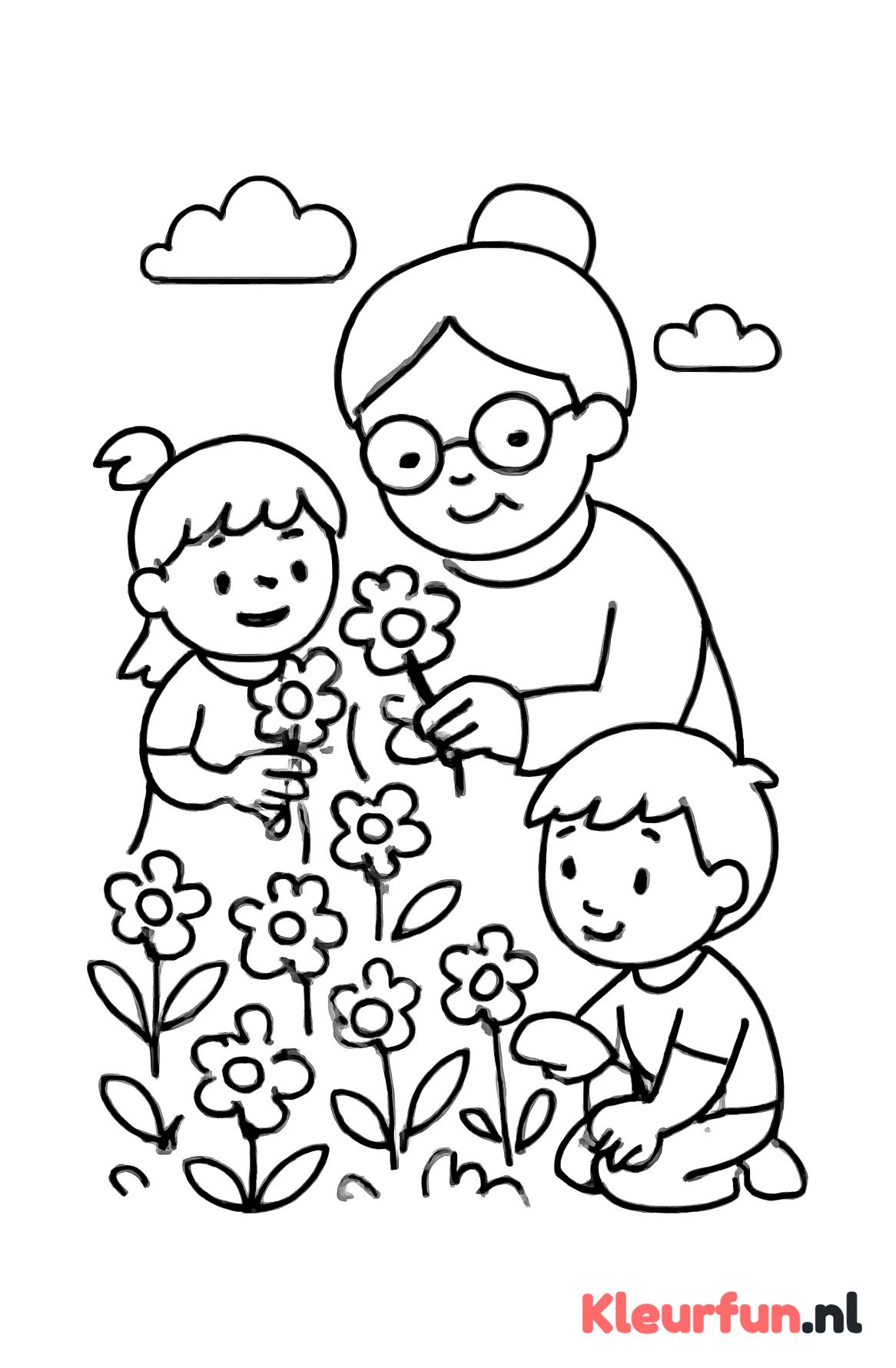 Oma en kleinkinderen plukken bloemen