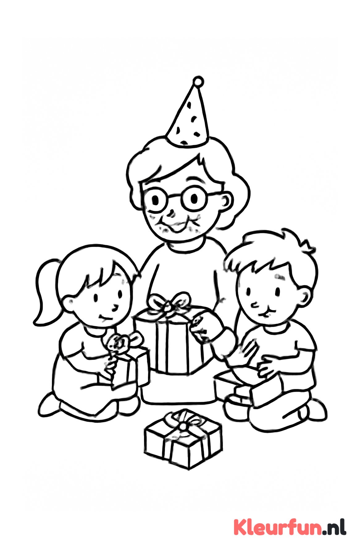 Oma en kleinkinderen met cadeautjes