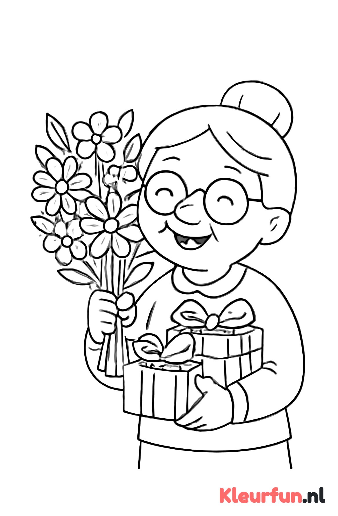 Oma met bloemen cadeau