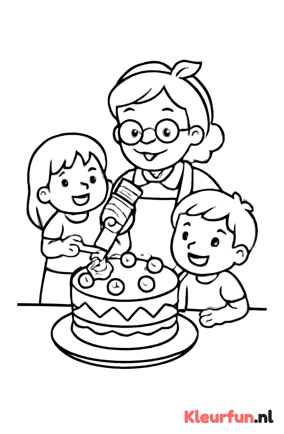 Oma en kleinkinderen maken taart