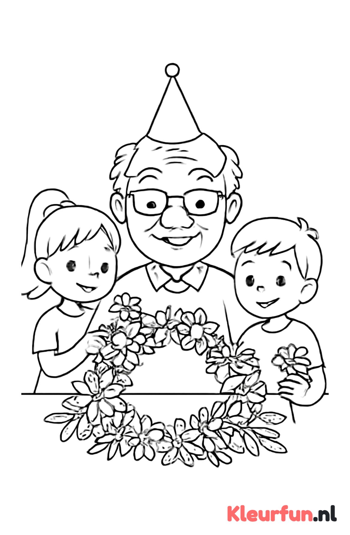 Opa met bloemenkrans