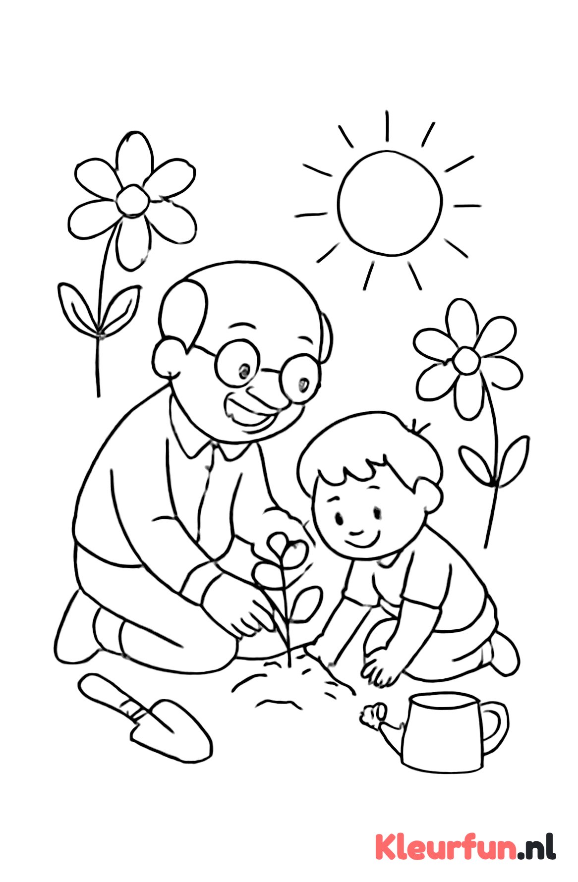 Opa plant bloemen met kleinkind voor Vaderdag