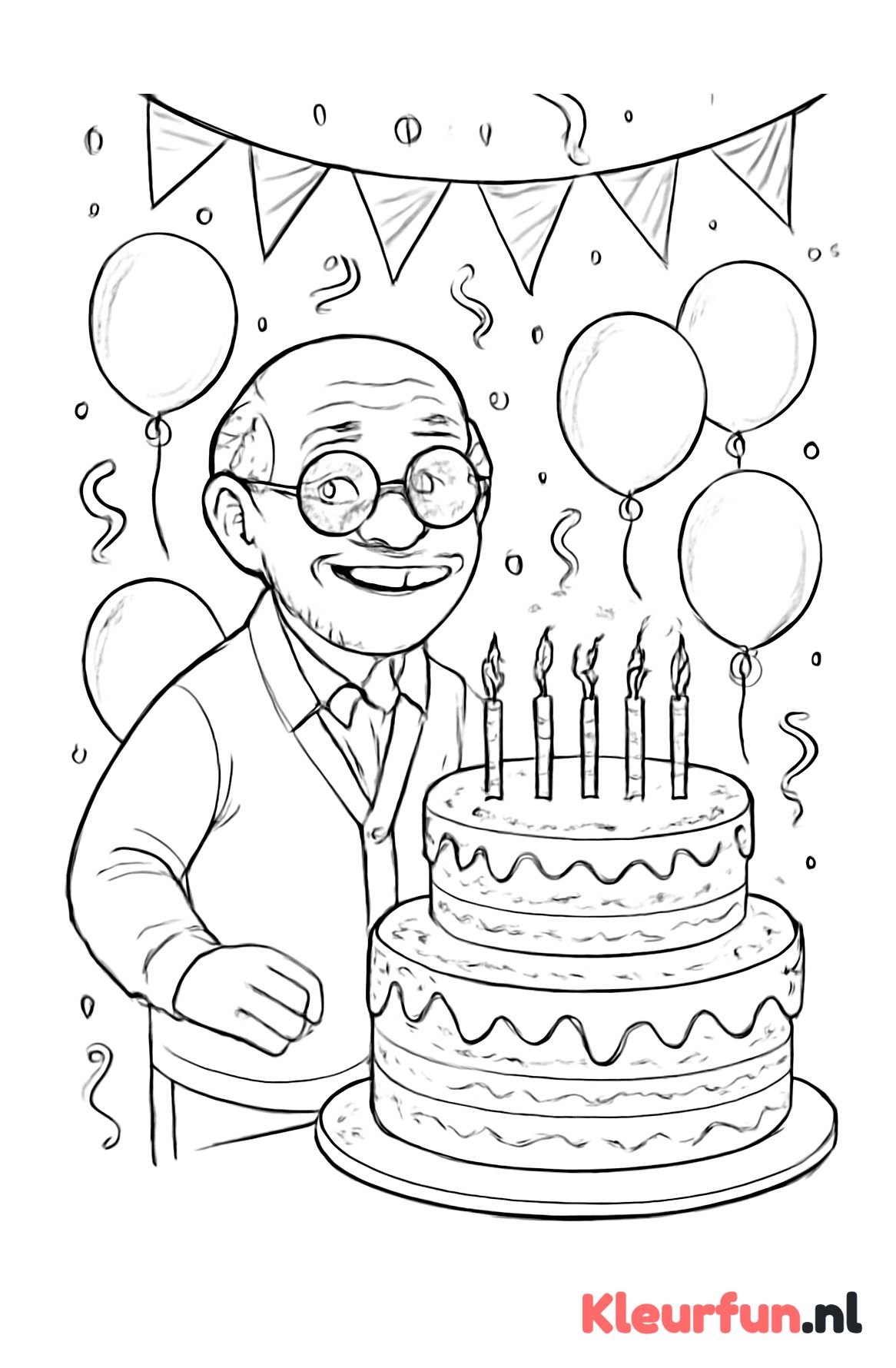 Opa en verjaardagstaart met feestelijke ballonnen