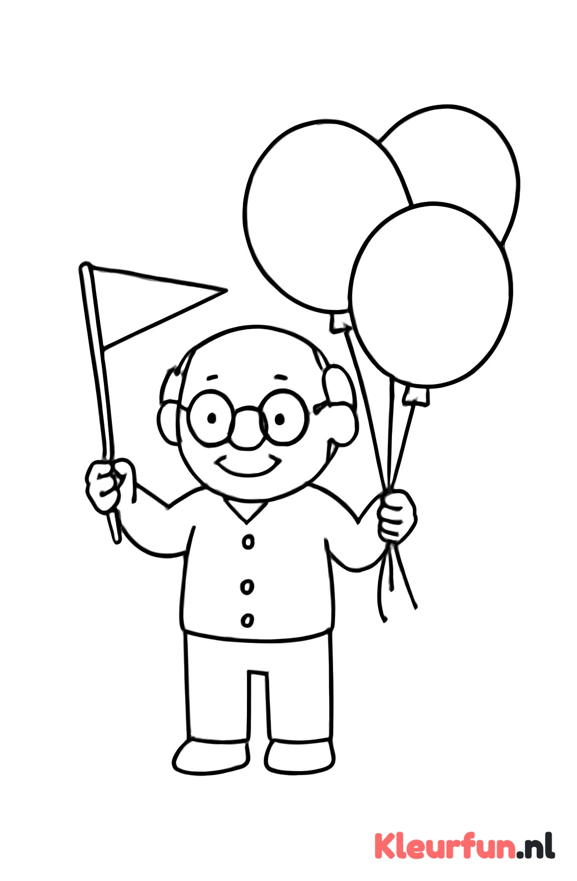 Opa met feestvlag en ballonnen