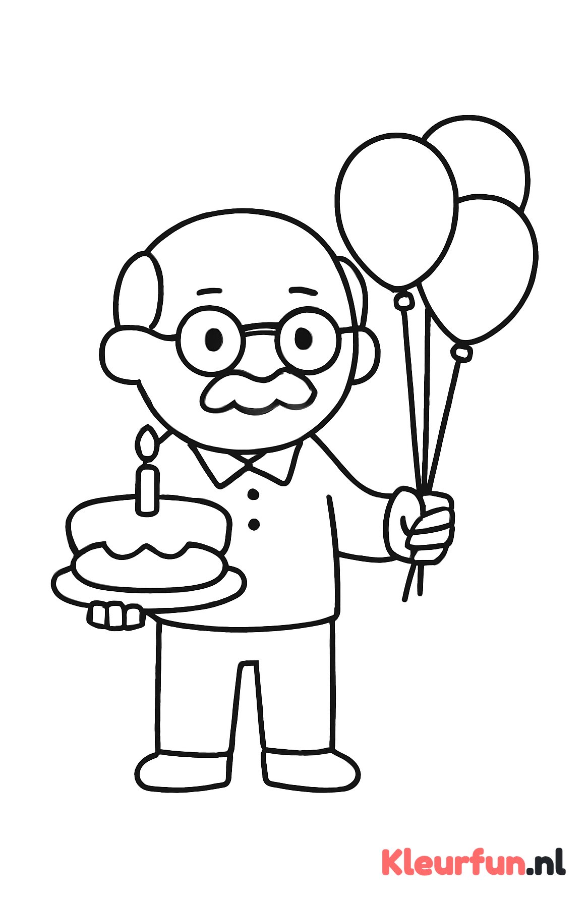 Opa met taart en ballonnen