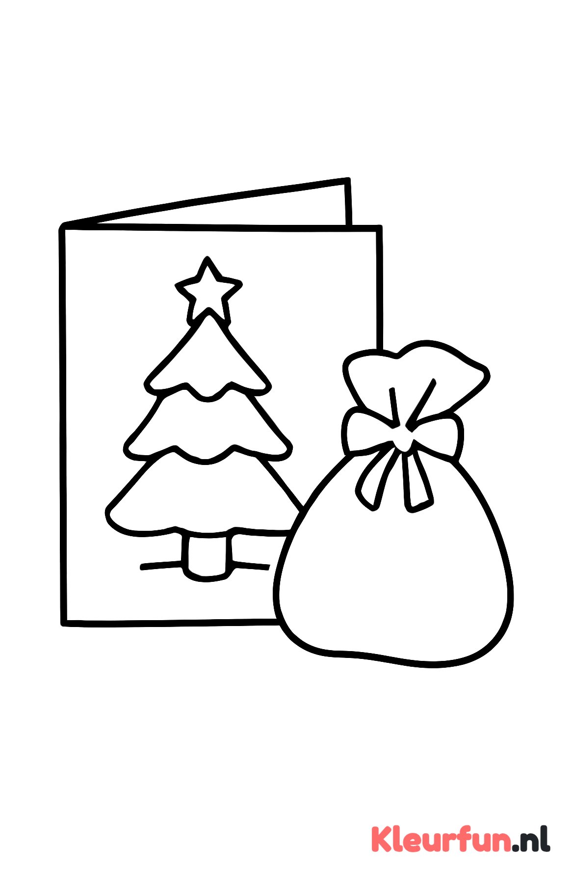Open kerstkaart met kerstboom en cadeauzak