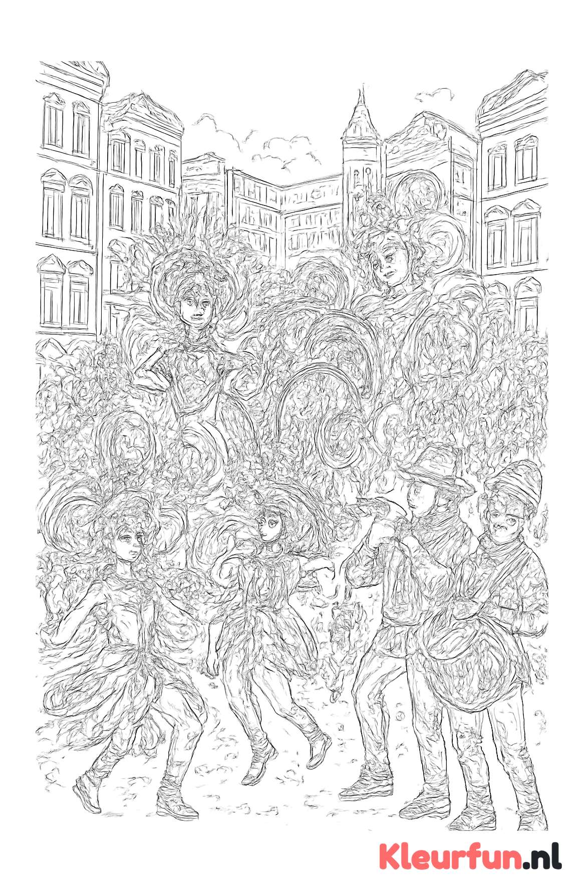 Carnavalsoptocht met dansers en muzikanten