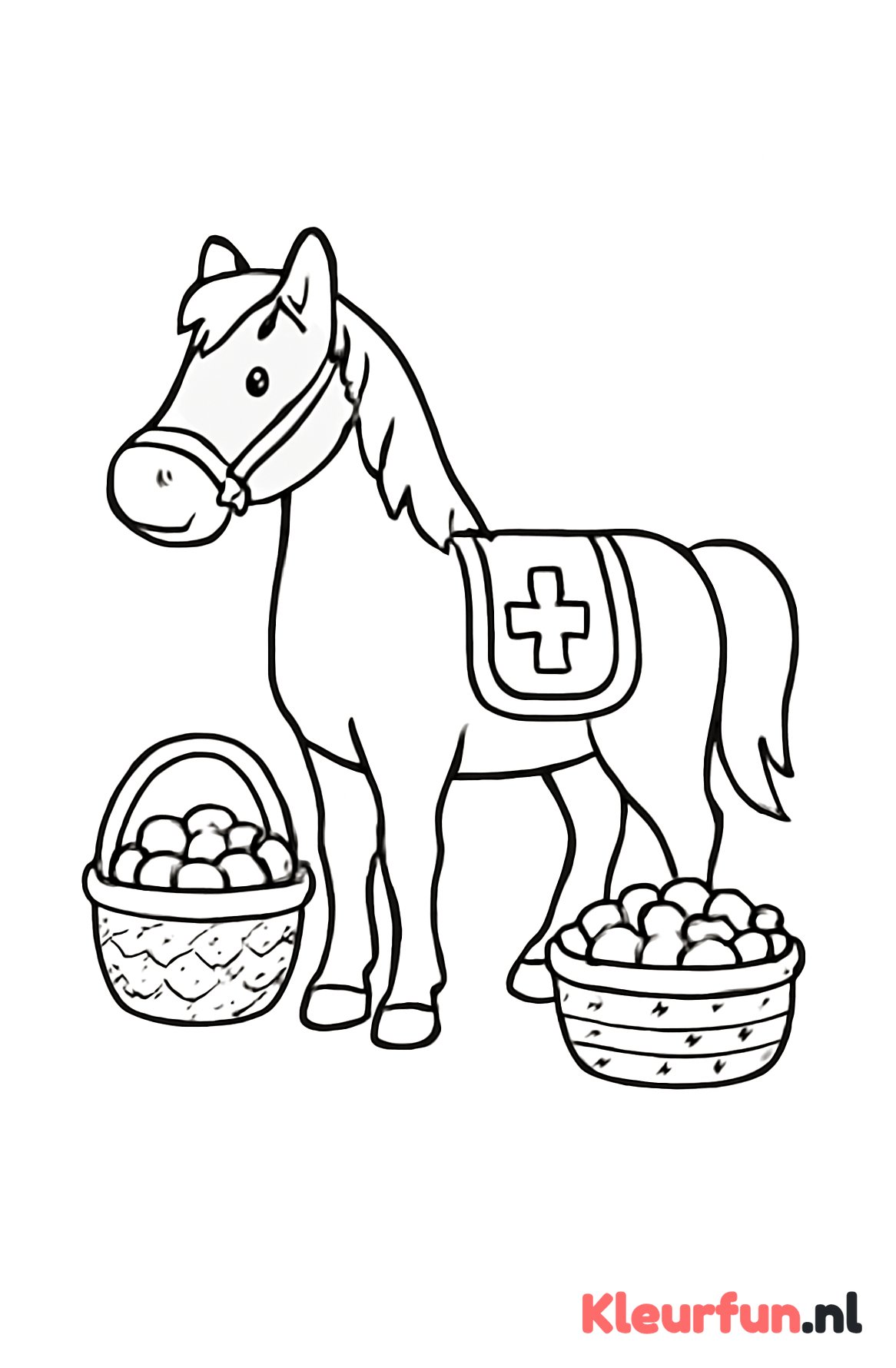 Paard van Sinterklaas met feestelijke manden vol pepernoten