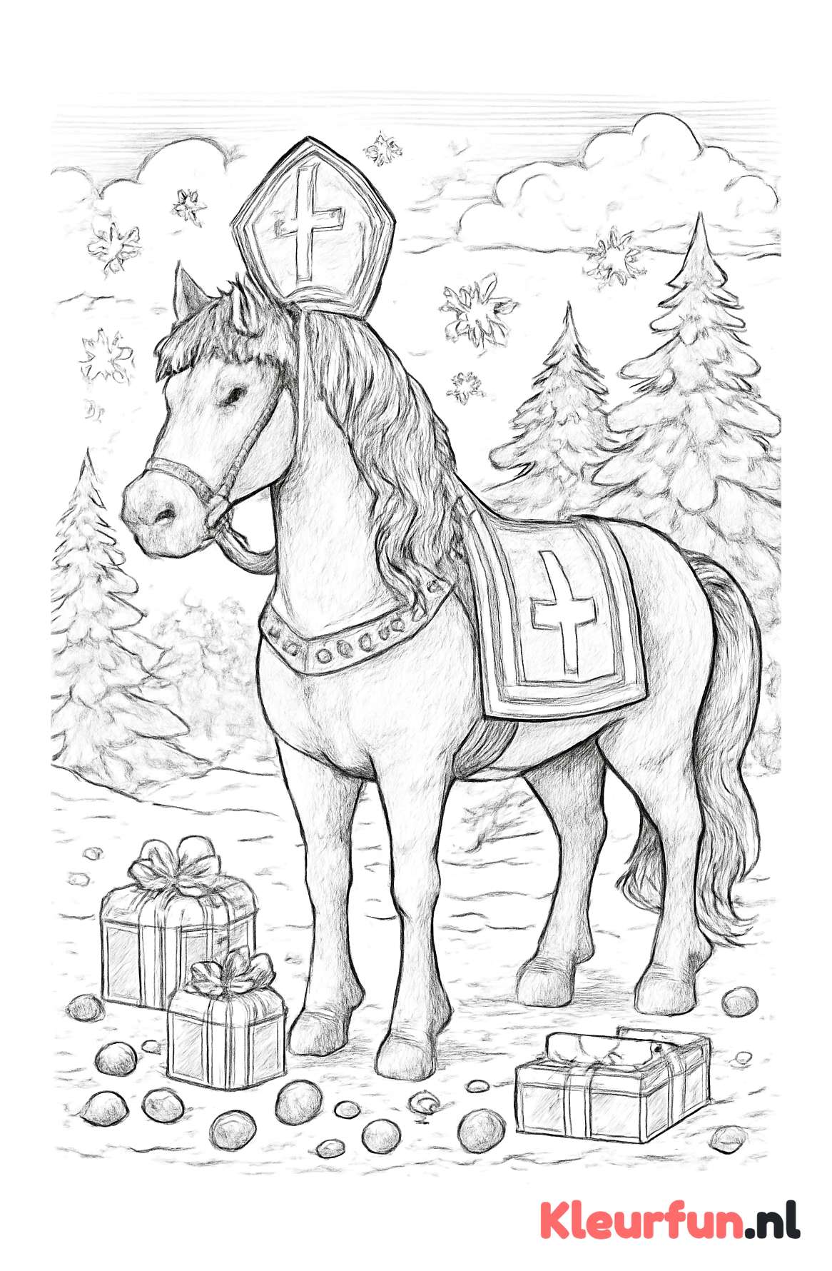 Paard van Sinterklaas in winterlandschap