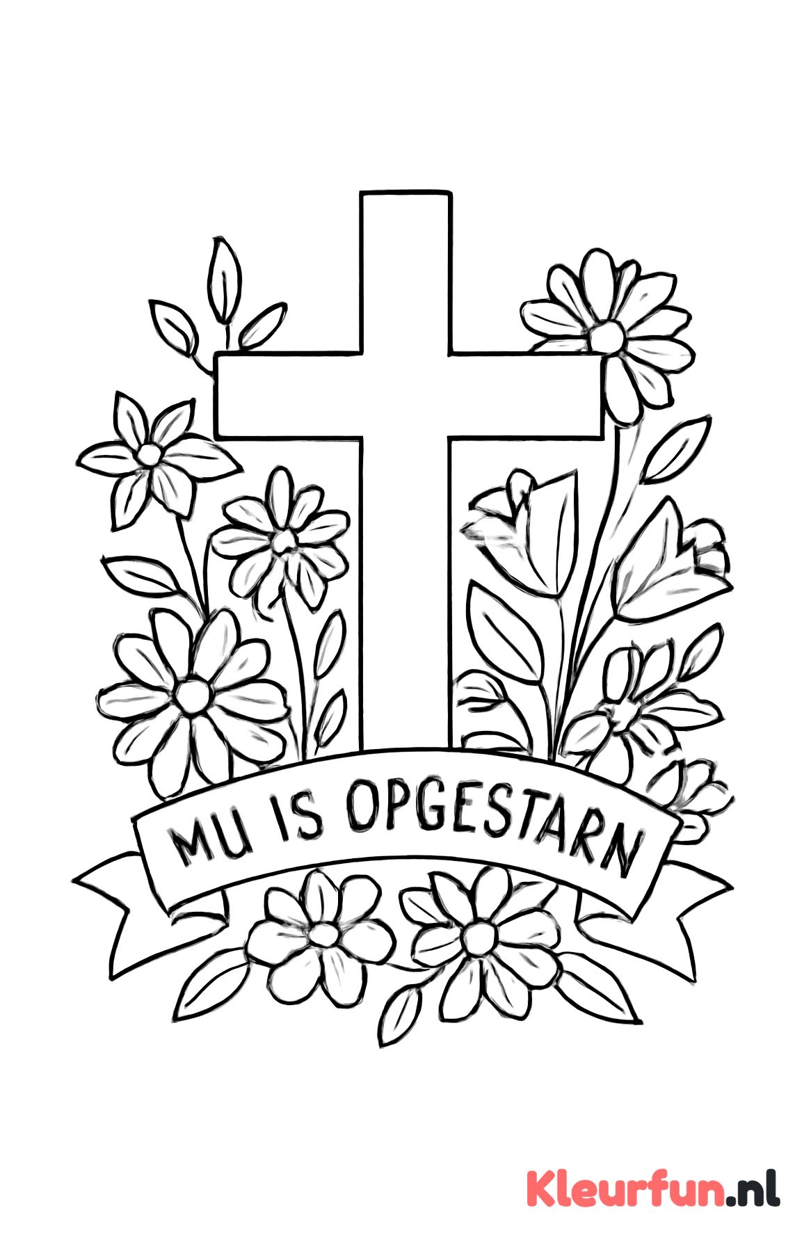 Paaskruis met tekst 'Hij is opgestaan'