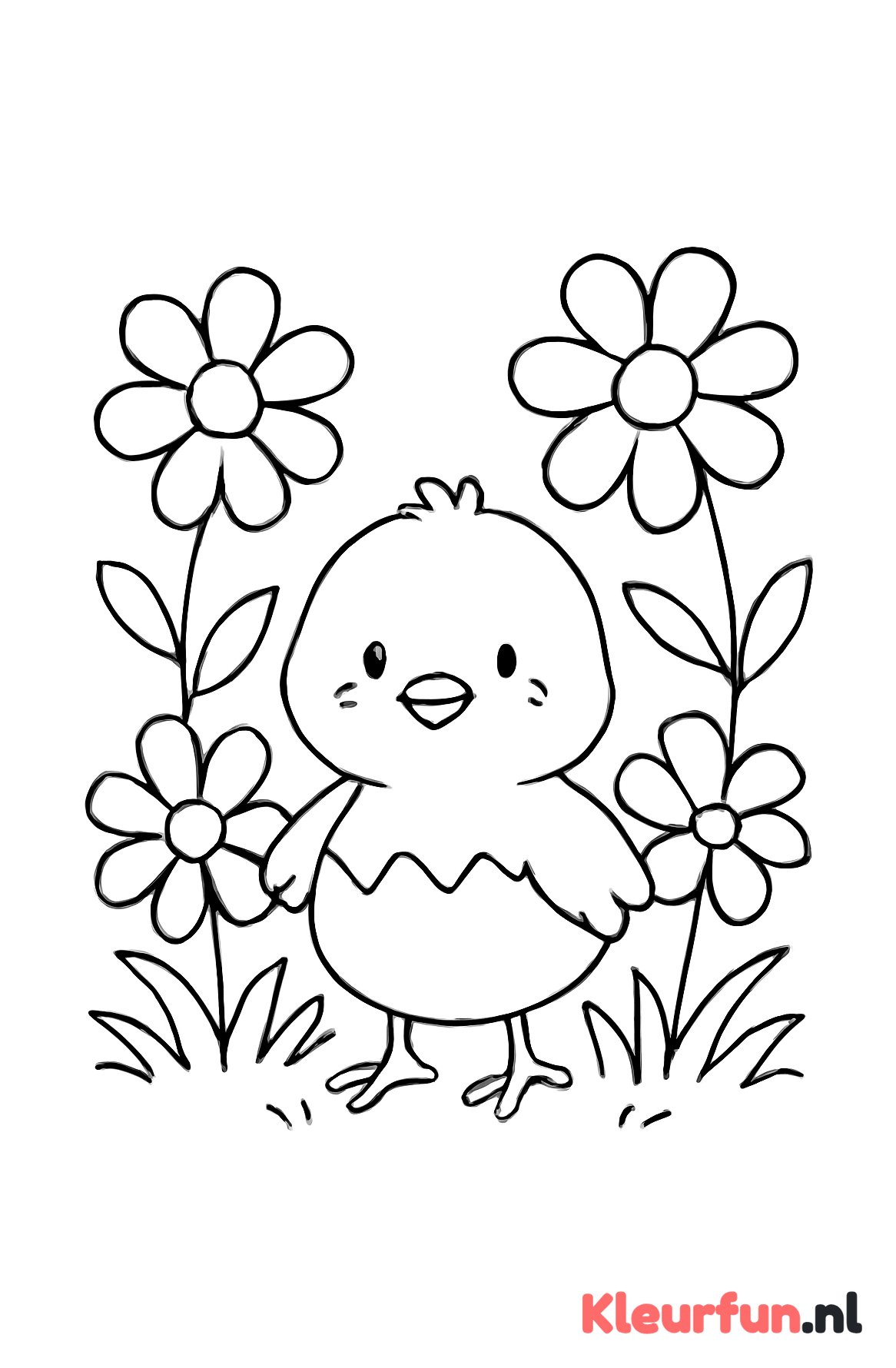 Paaskuiken bij bloemen
