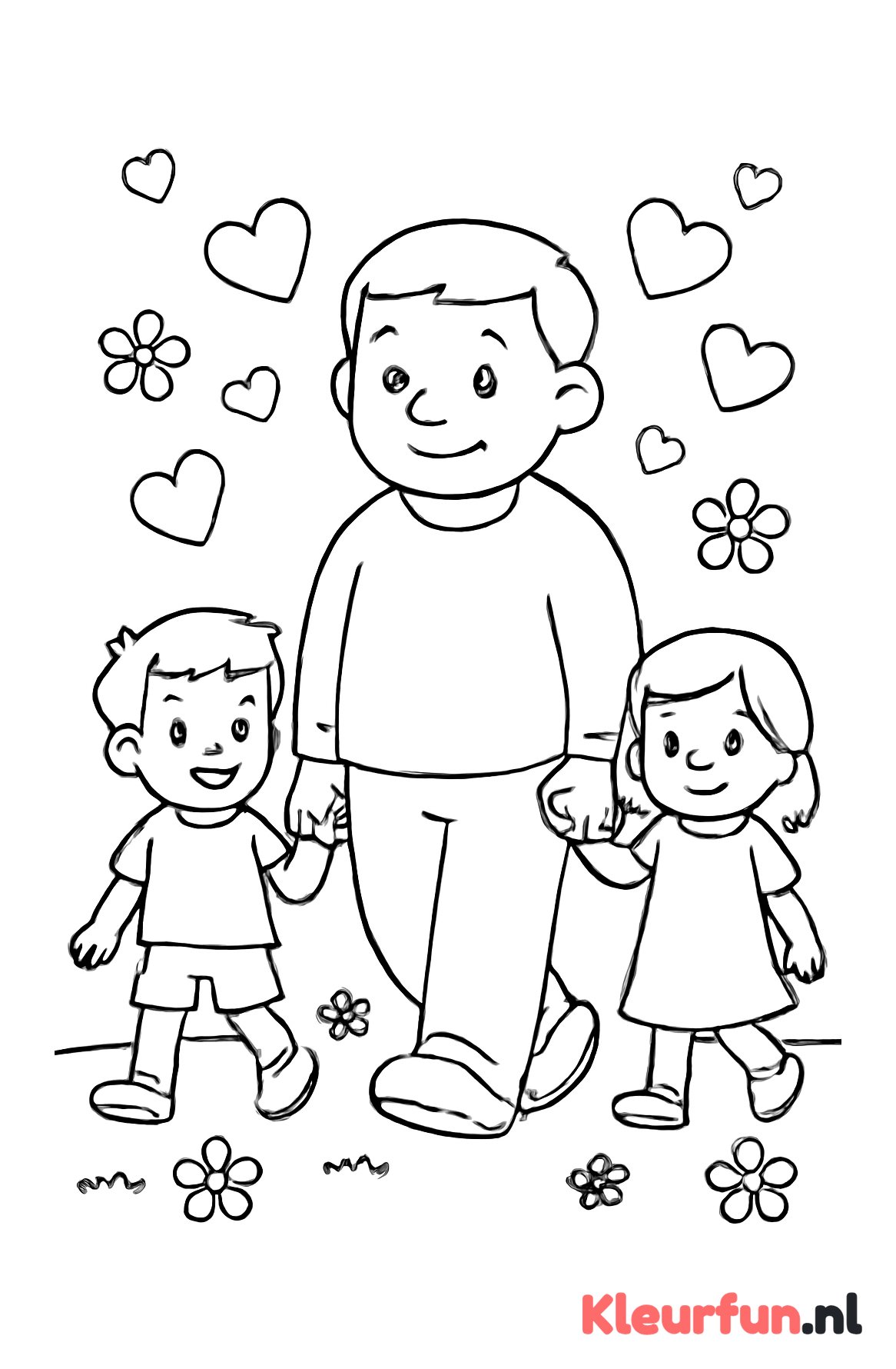 Papa wandelt hand in hand met kinderen