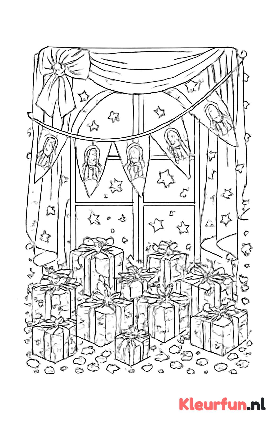 Raamdecoratie met Sinterklaas-vlaggetjes en feestelijke details
