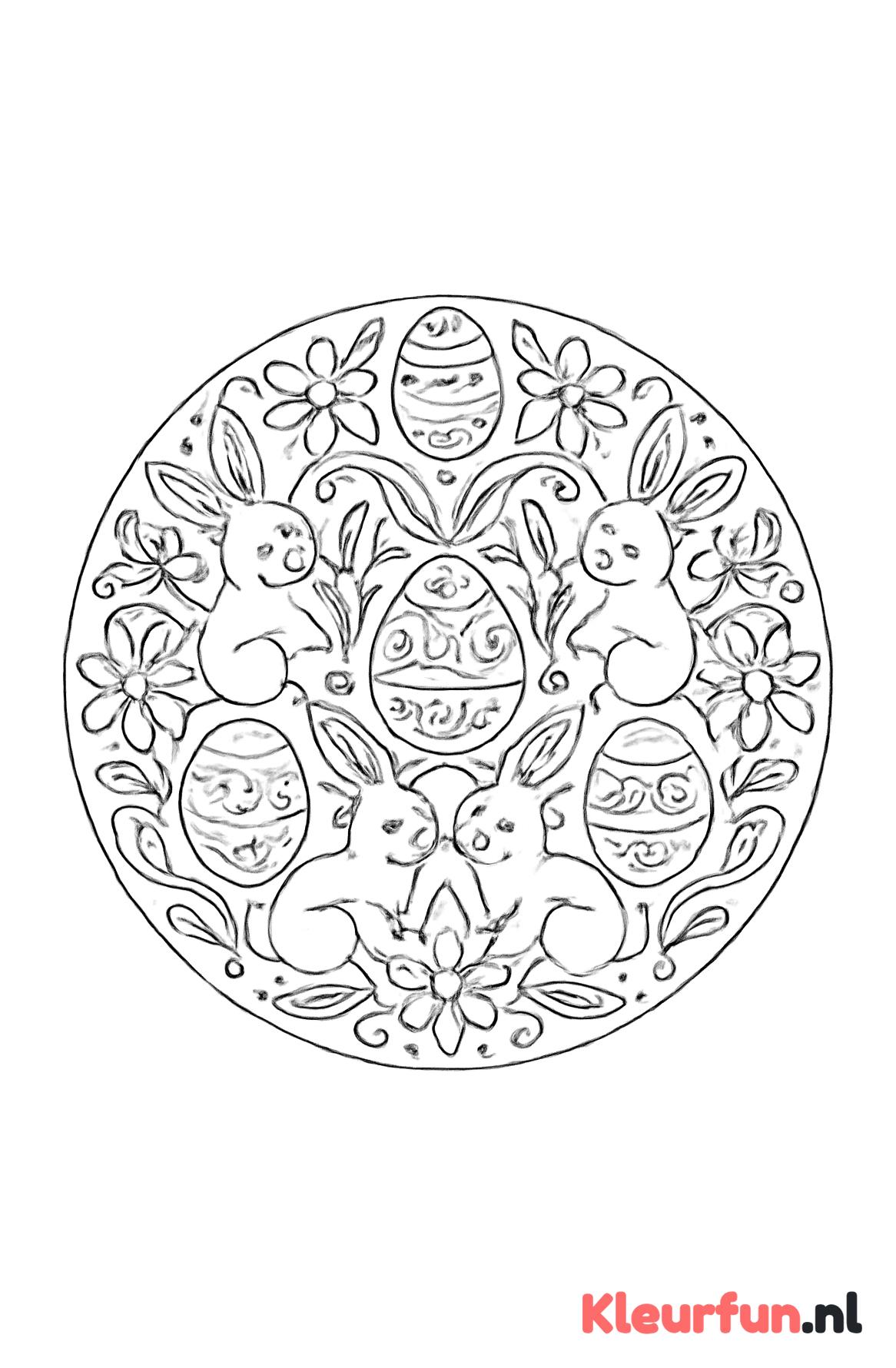 Ronde paasmandala met hazen en eieren