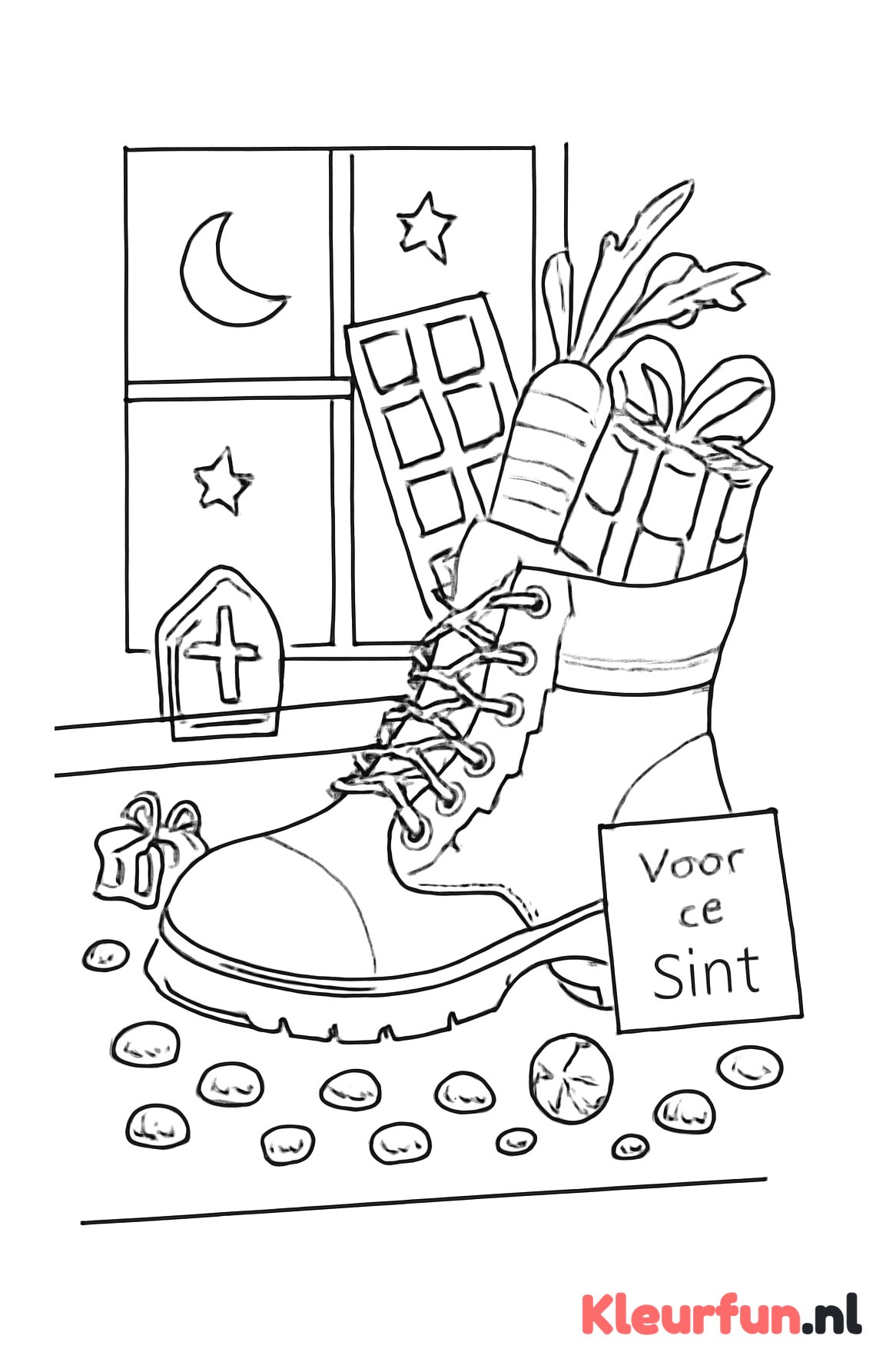 Schoen van sinterklaas op de vensterbank met lekkernijen