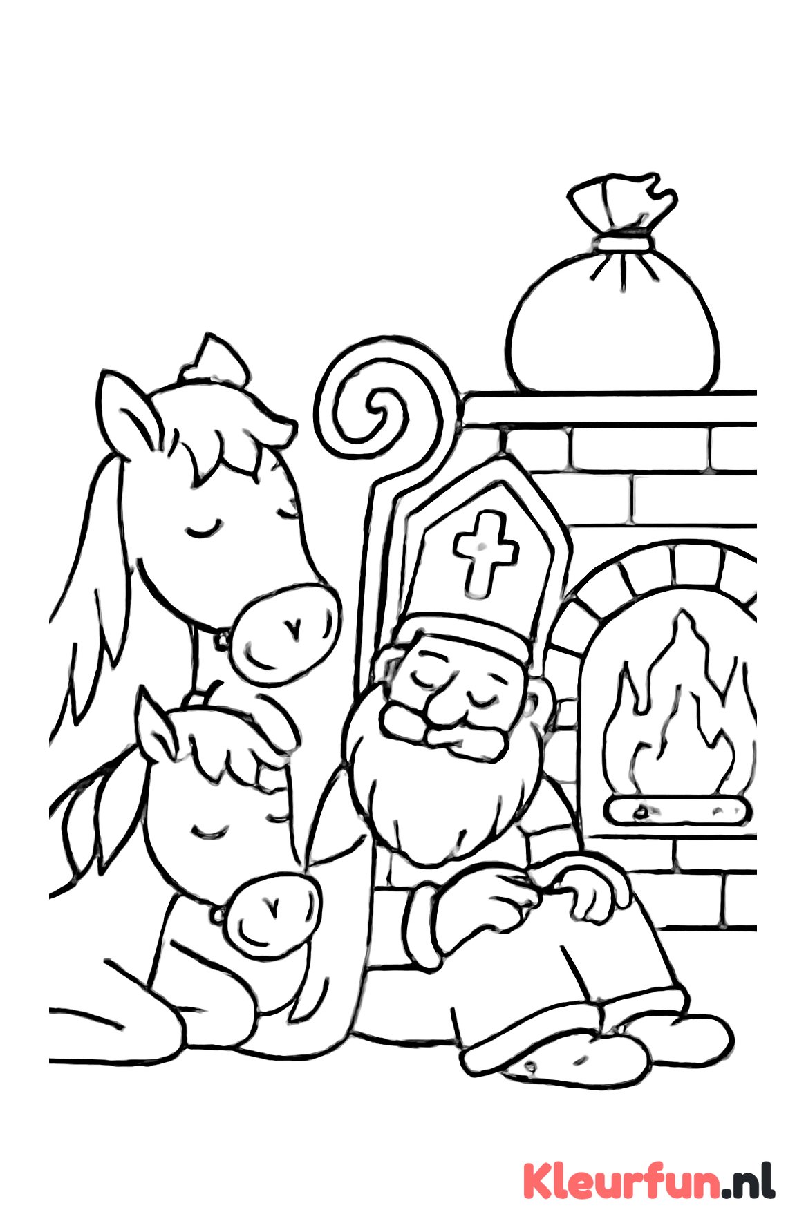 Sinterklaas en zijn paard rusten bij de open haard