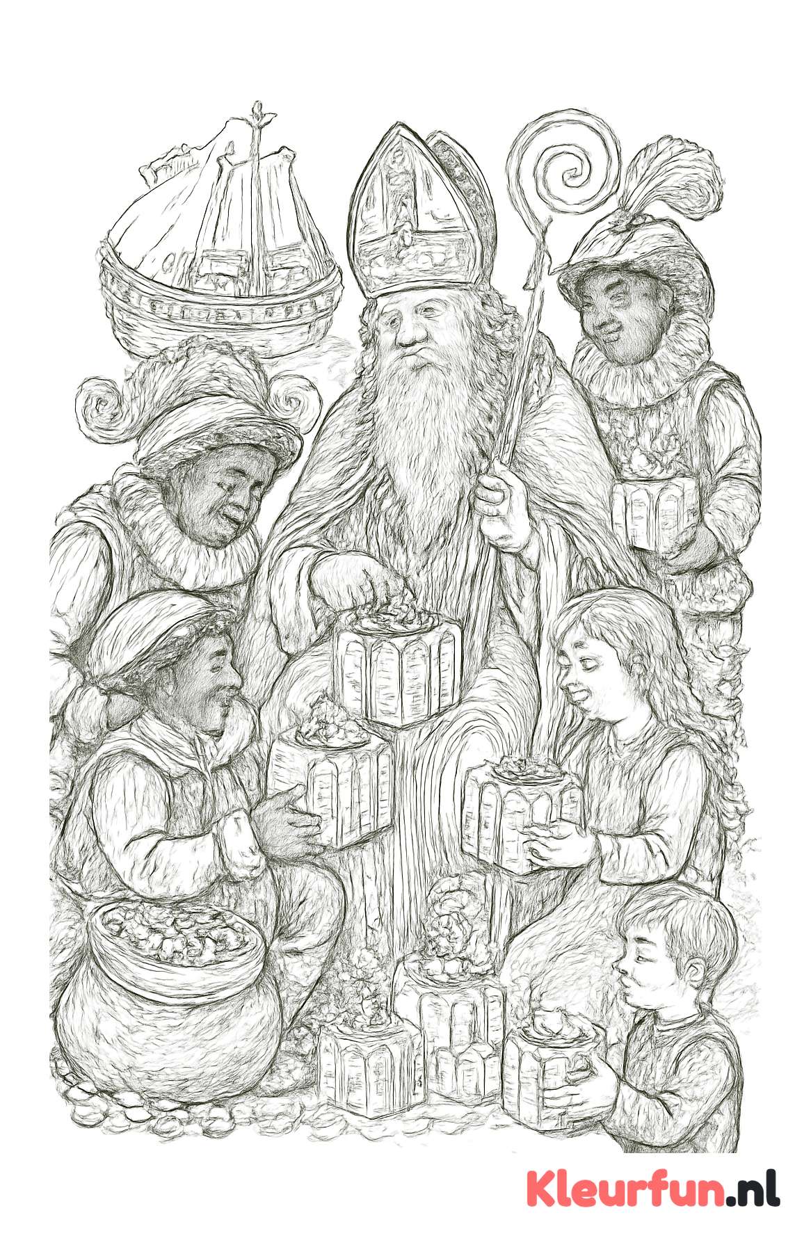 Sinterklaas en zijn knechten delen cadeaus uit