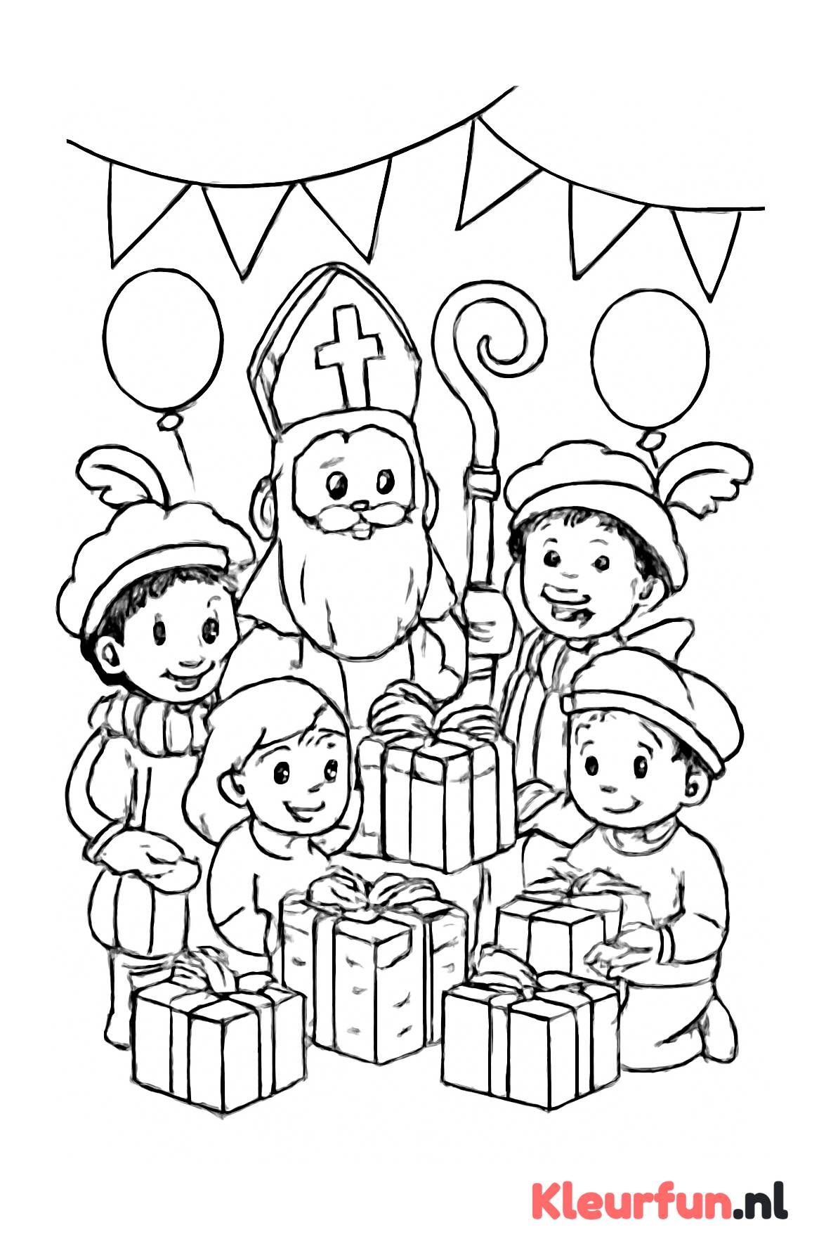 Sinterklaas en kinderen met cadeaus