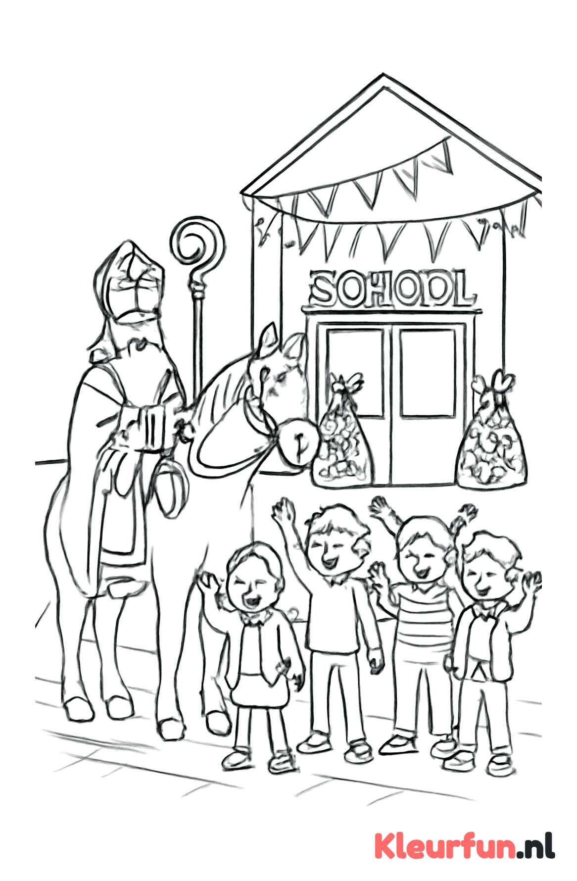 Sinterklaas welkom bij school met kinderen