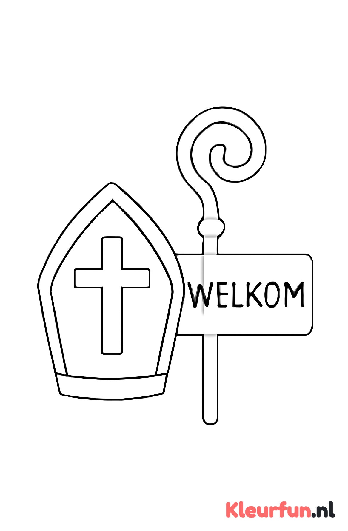 Sinterklaas met mijter en staf en welkom bord