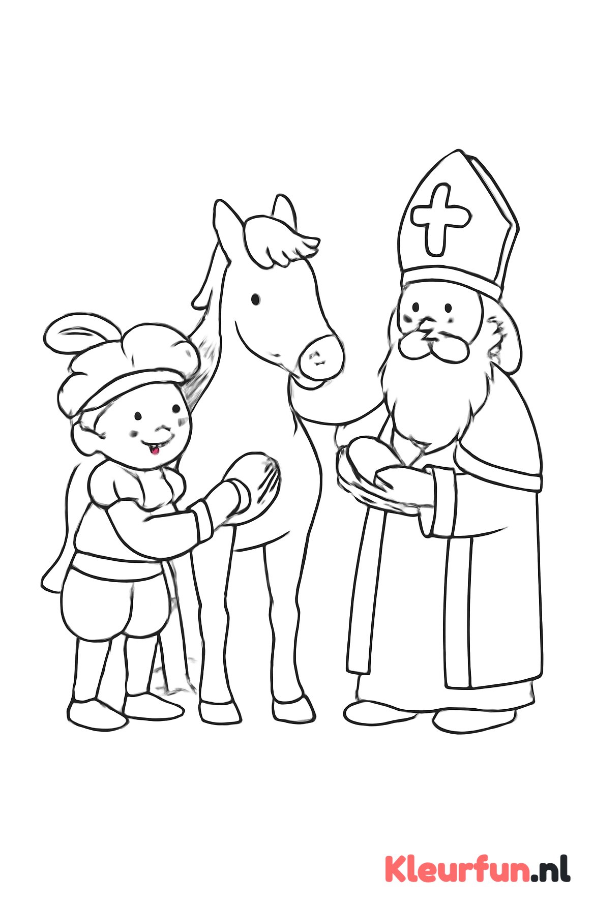 Sinterklaas en Piet poetsen het paard