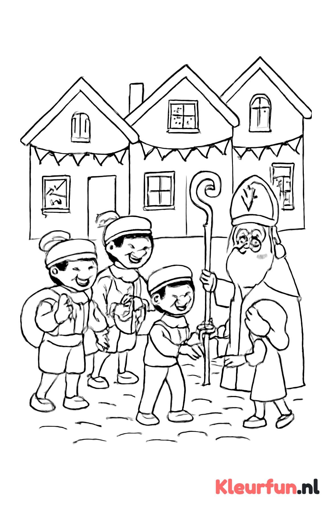 Sinterklaas en Pieten delen cadeaus uit
