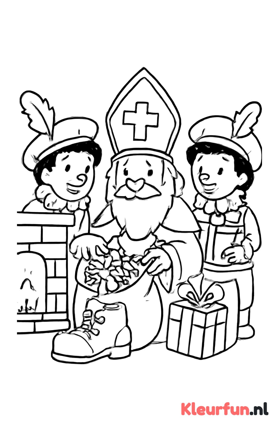 Sinterklaas vult schoenen met hulp van Pieten