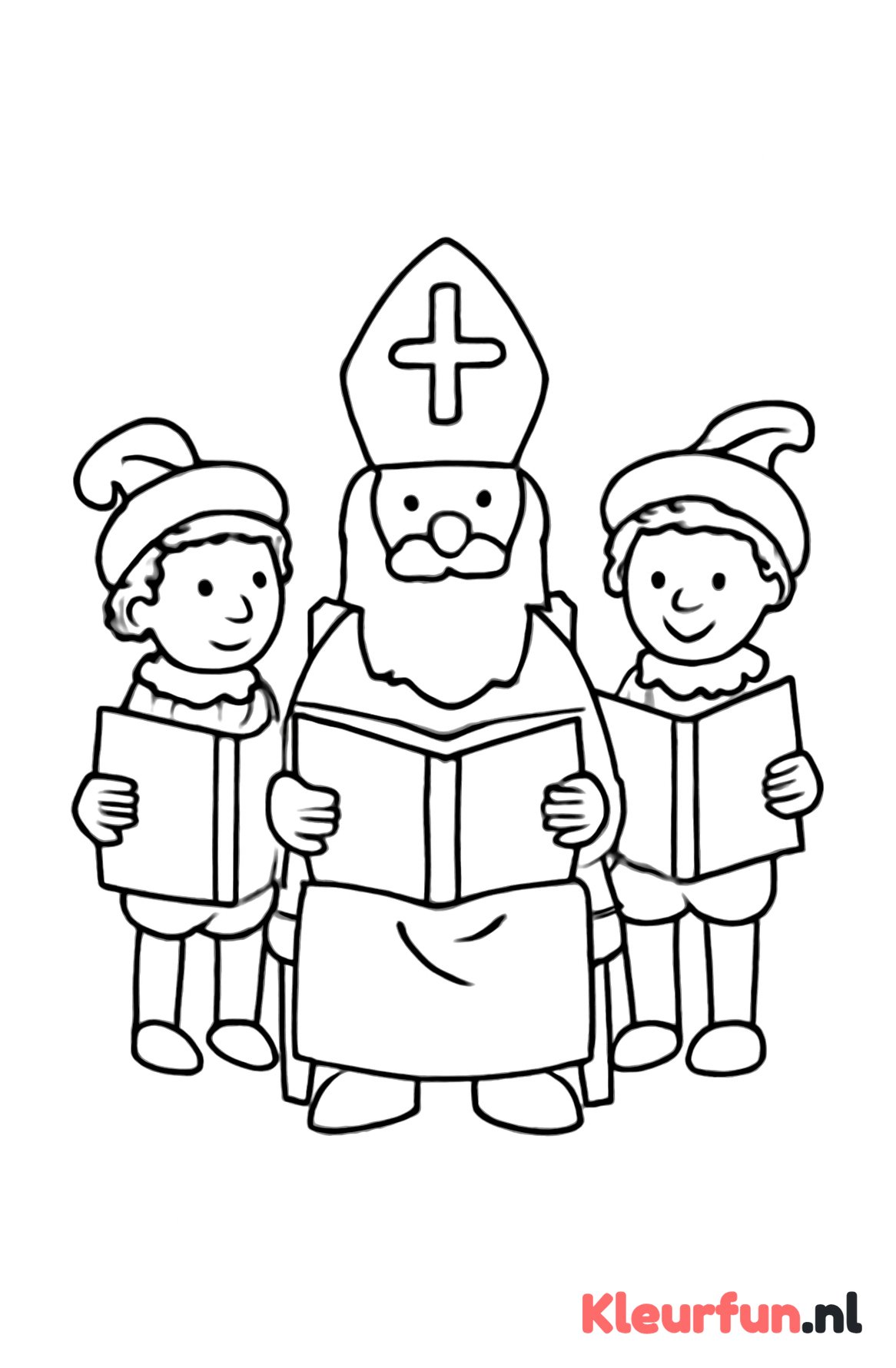 Sinterklaas op stoel met Pieten en boeken