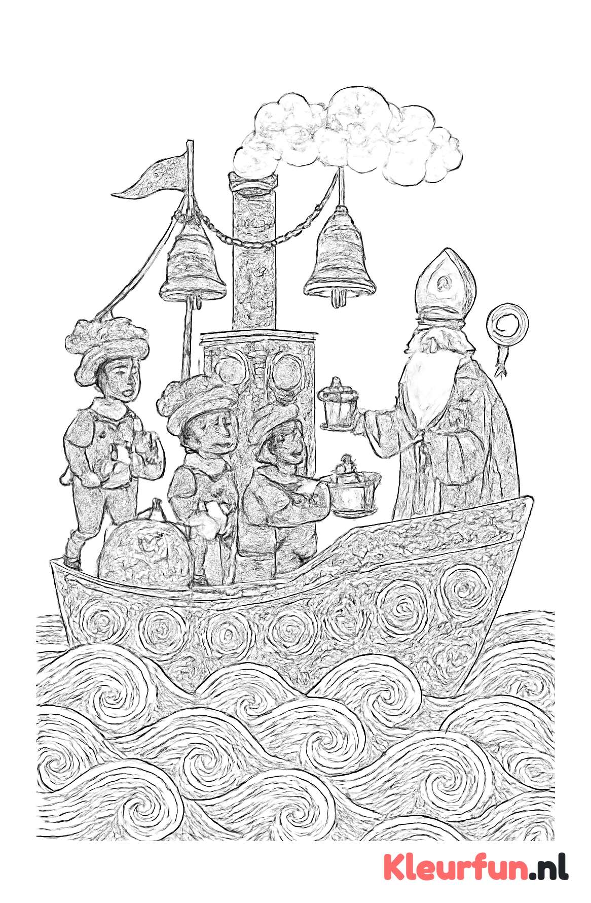 Zwart-wit gedetailleerde Sinterklaas stoomboot kleurplaat