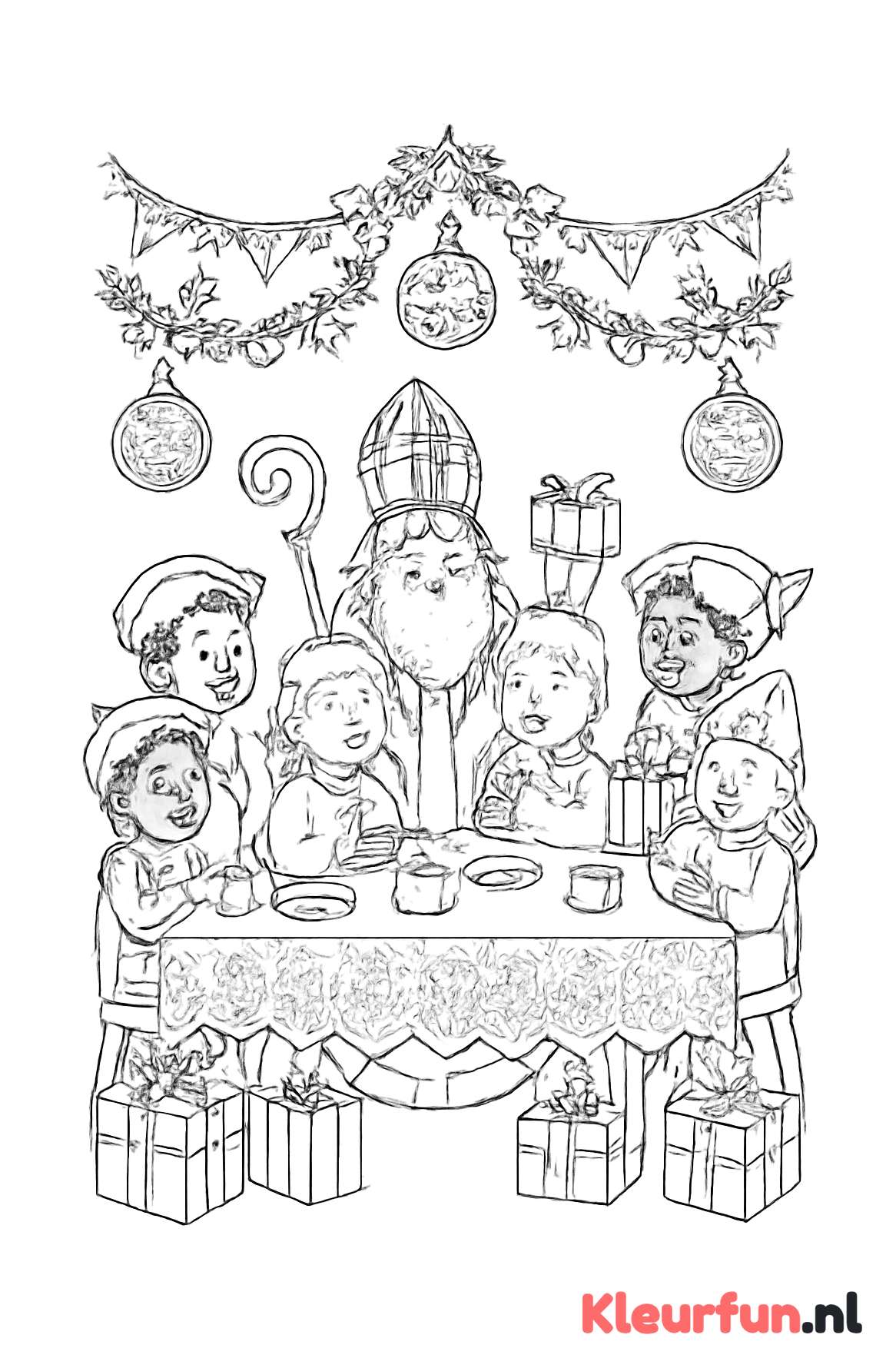 Sinterklaas aan tafel met kinderen en Pieten