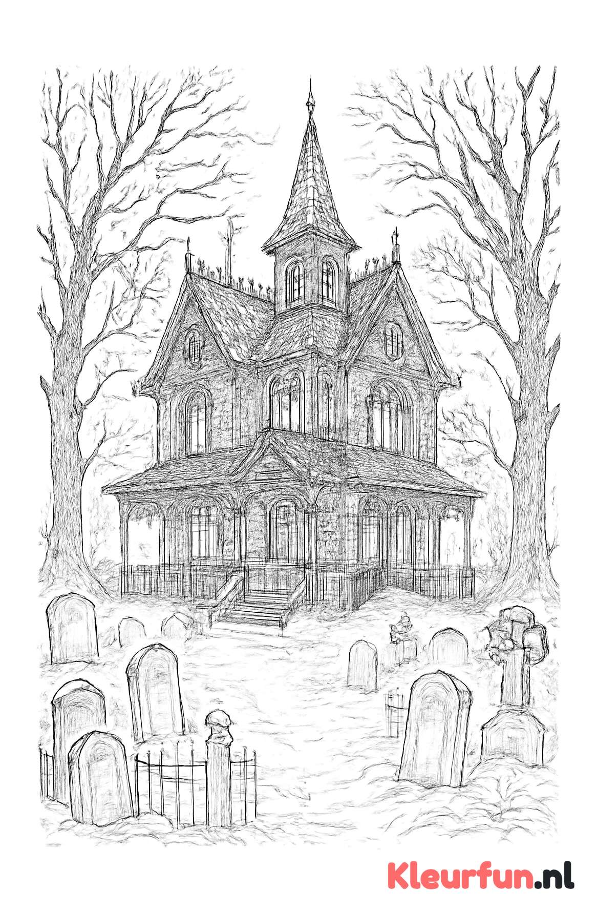 Spookhuis met mistige graveyard