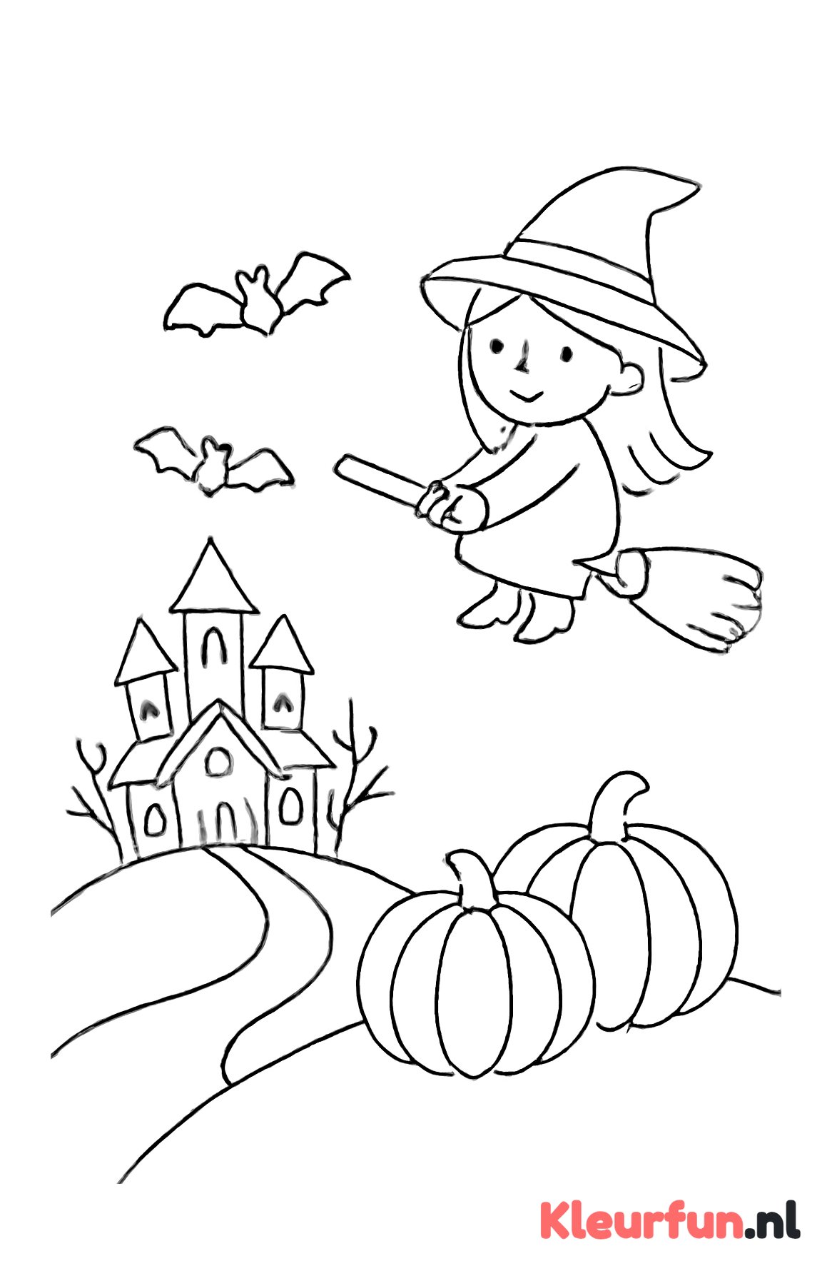 Spookhuis met pompoenen en heks
