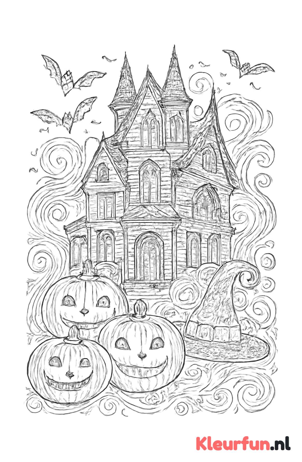 Spookhuis met pompoenen en vleermuizen
