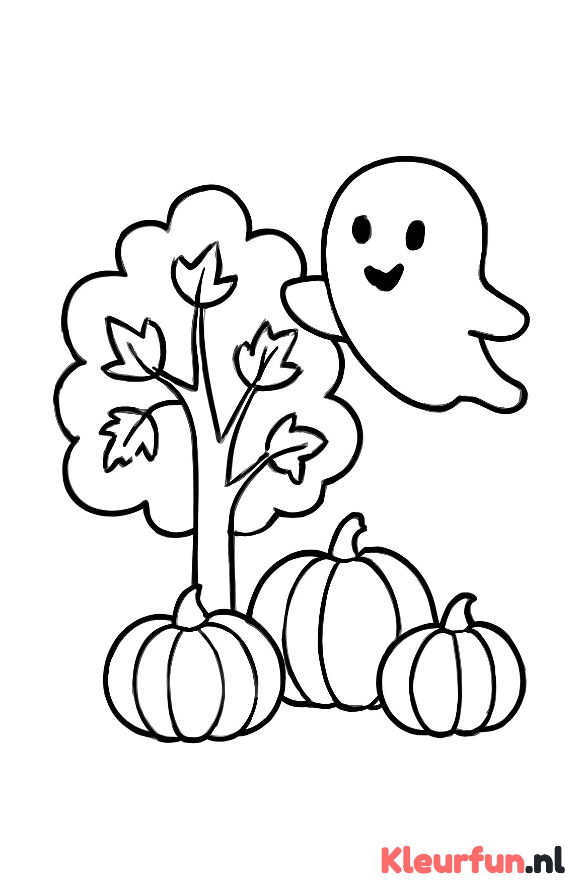 Spookje bij pompoenen en boom